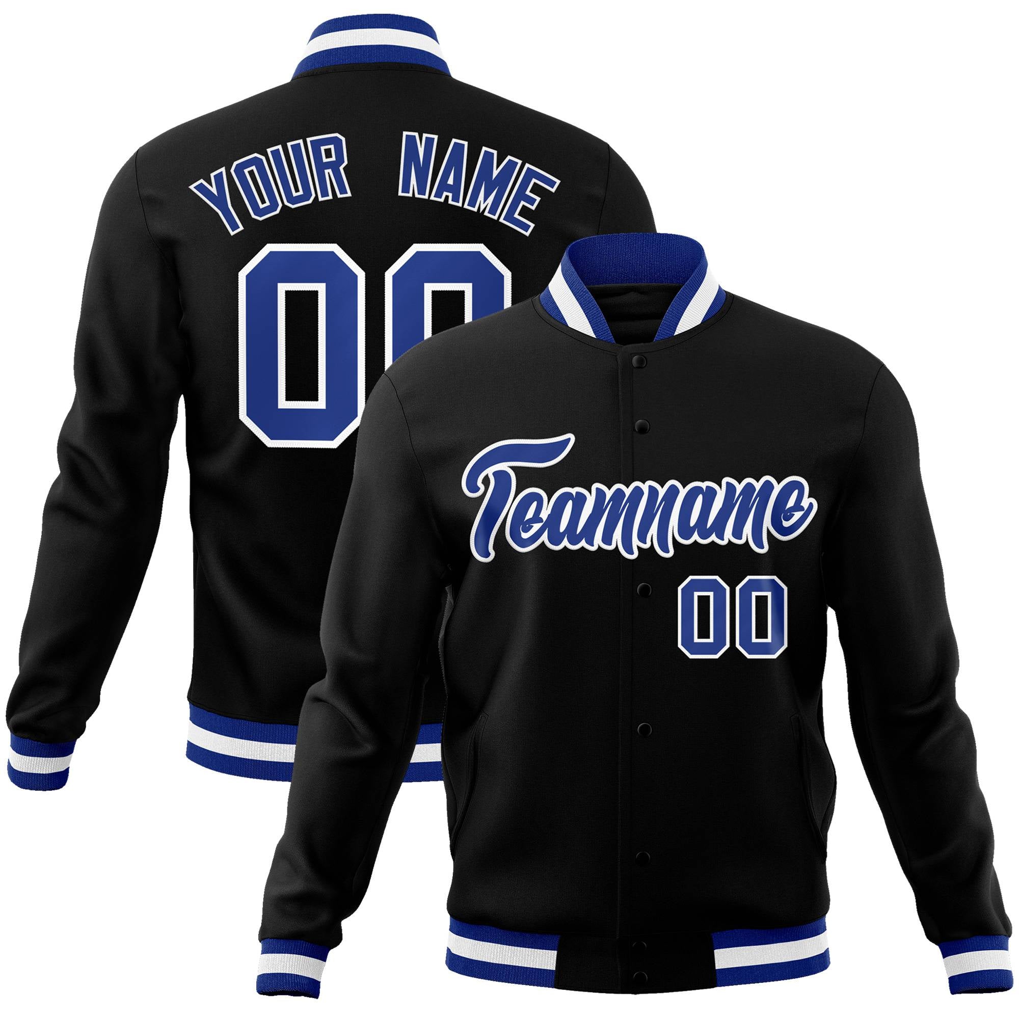 Custom Black-Royal Blue-White Bomber Full-Snap Varsity Letterman Jacket