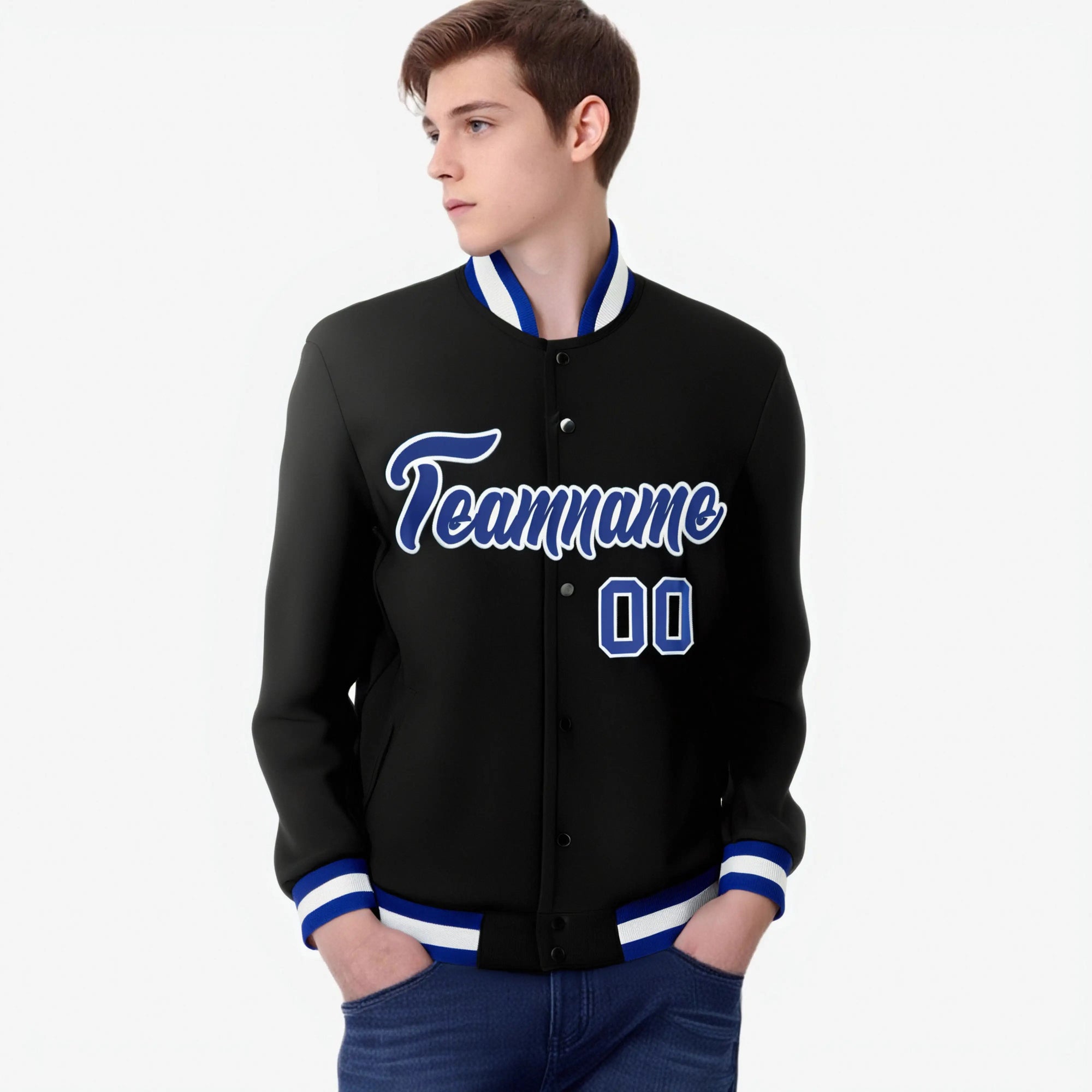 Custom Black-Royal Blue-White Bomber Full-Snap Varsity Letterman Jacket