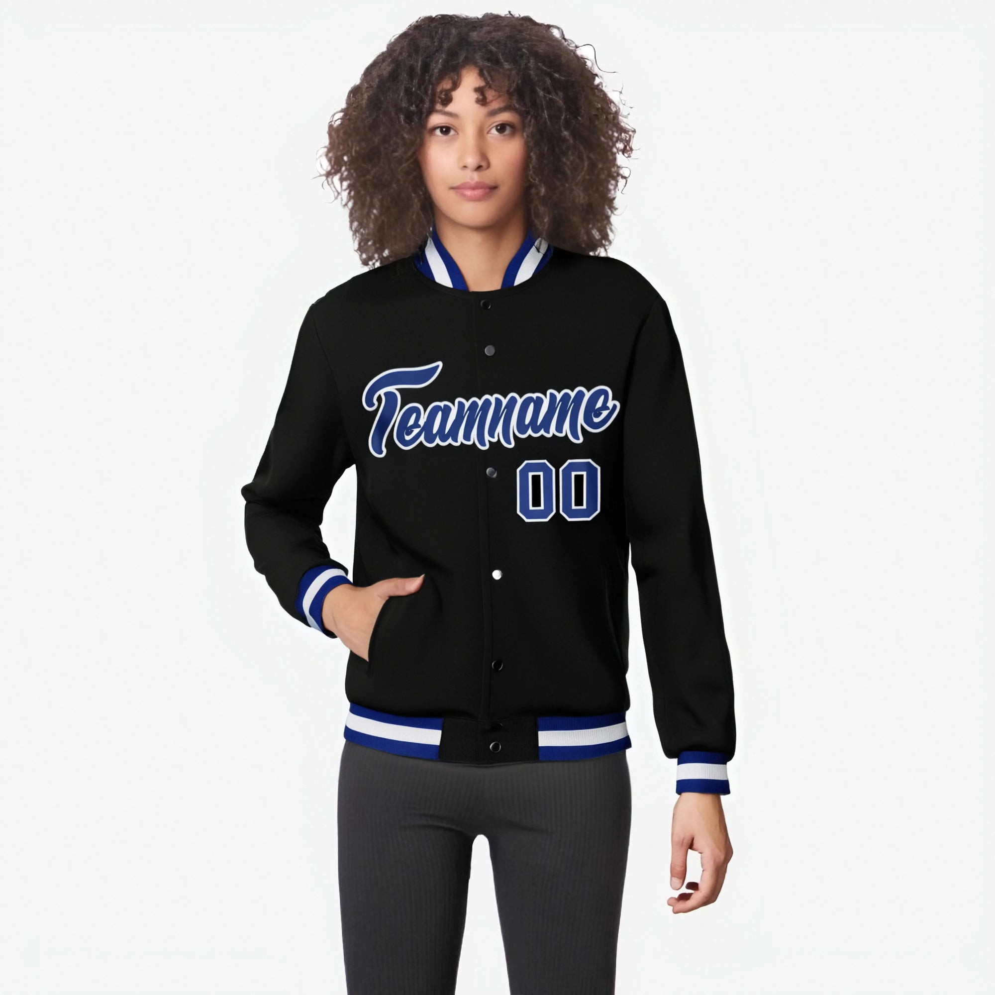 Custom Black-Royal Blue-White Bomber Full-Snap Varsity Letterman Jacket