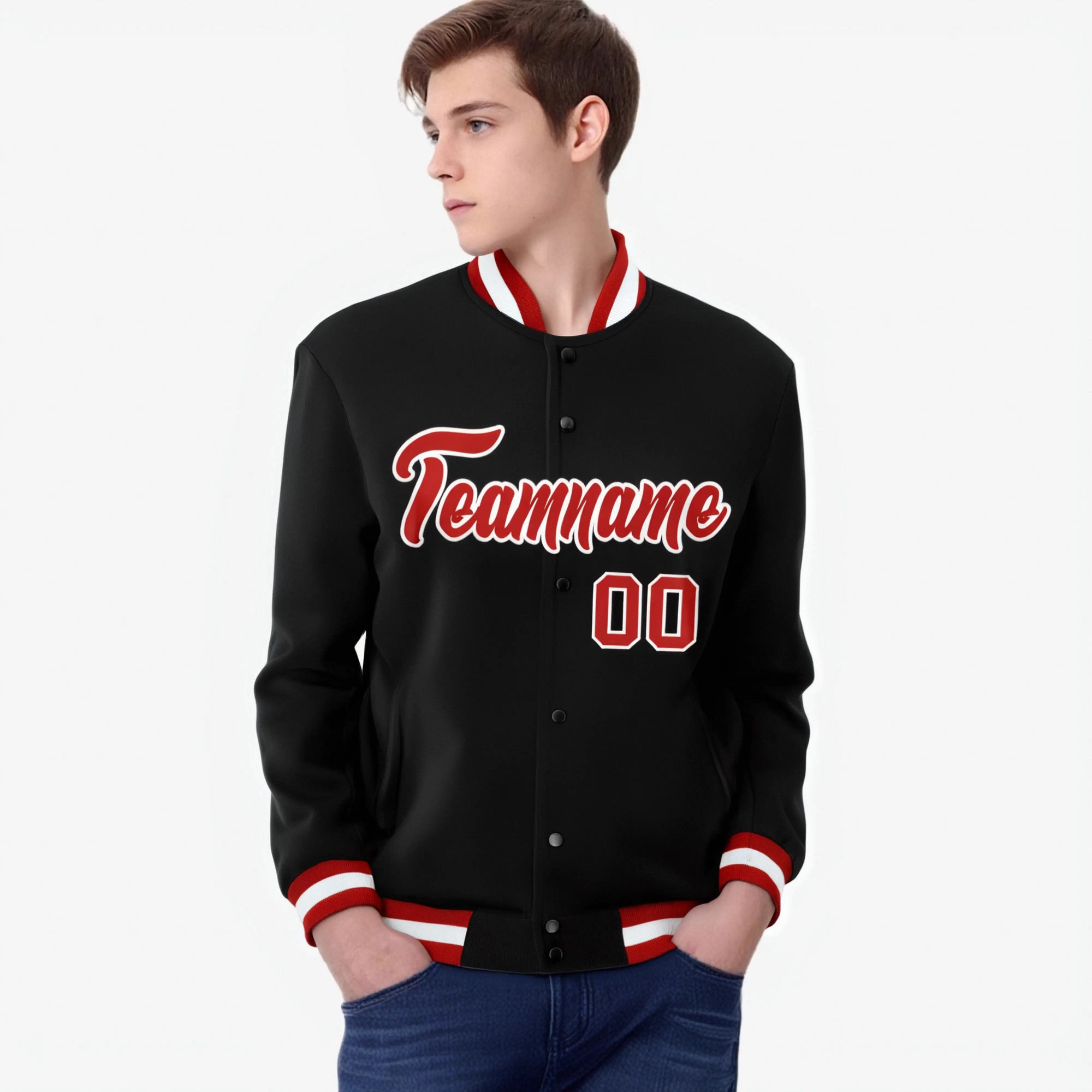 Custom Black- Red-White Bomber Full-Snap Varsity Letterman Jacket