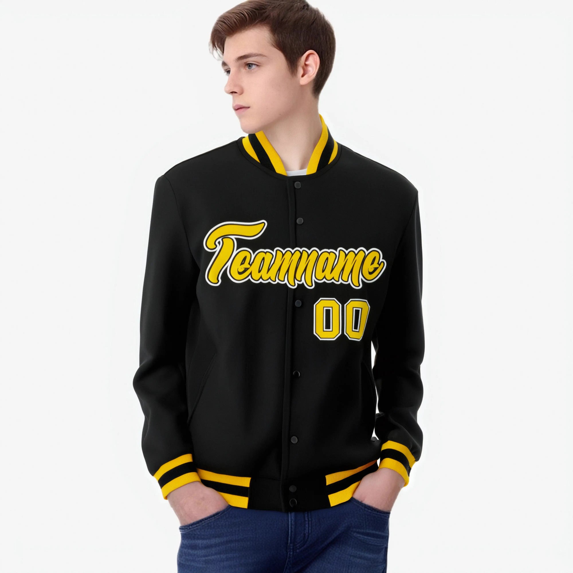 Custom Black- Gold-White Bomber Full-Snap Varsity Letterman Jacket