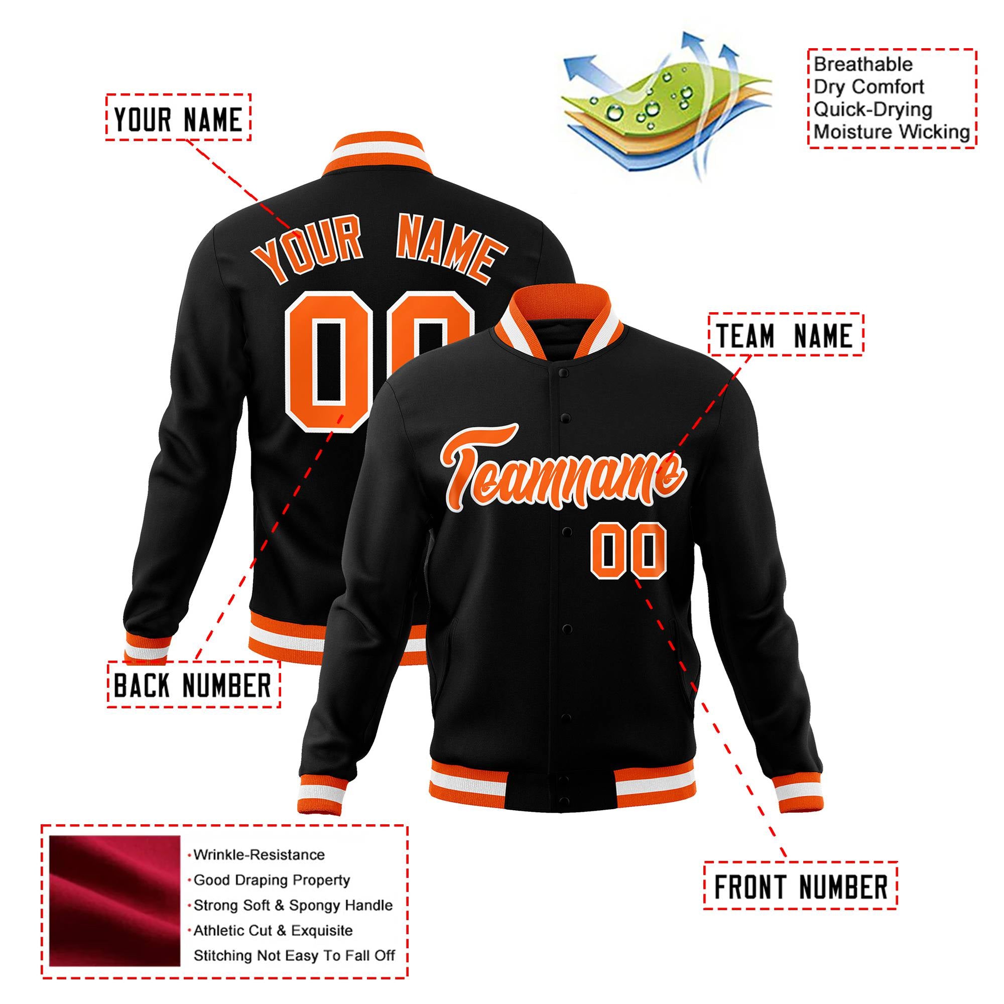 Custom Black- Orange-White Bomber Full-Snap Varsity Letterman Jacket