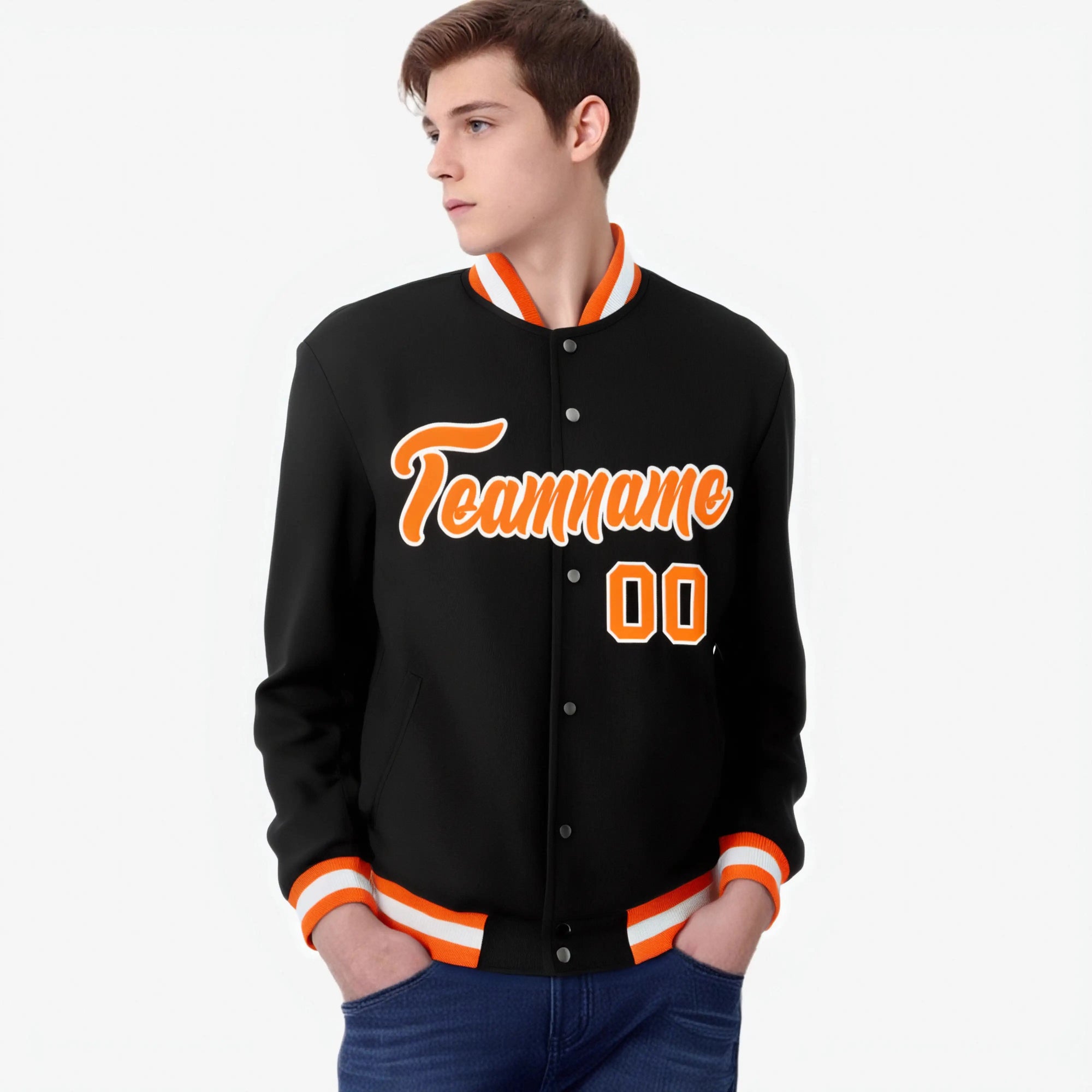 Custom Black- Orange-White Bomber Full-Snap Varsity Letterman Jacket