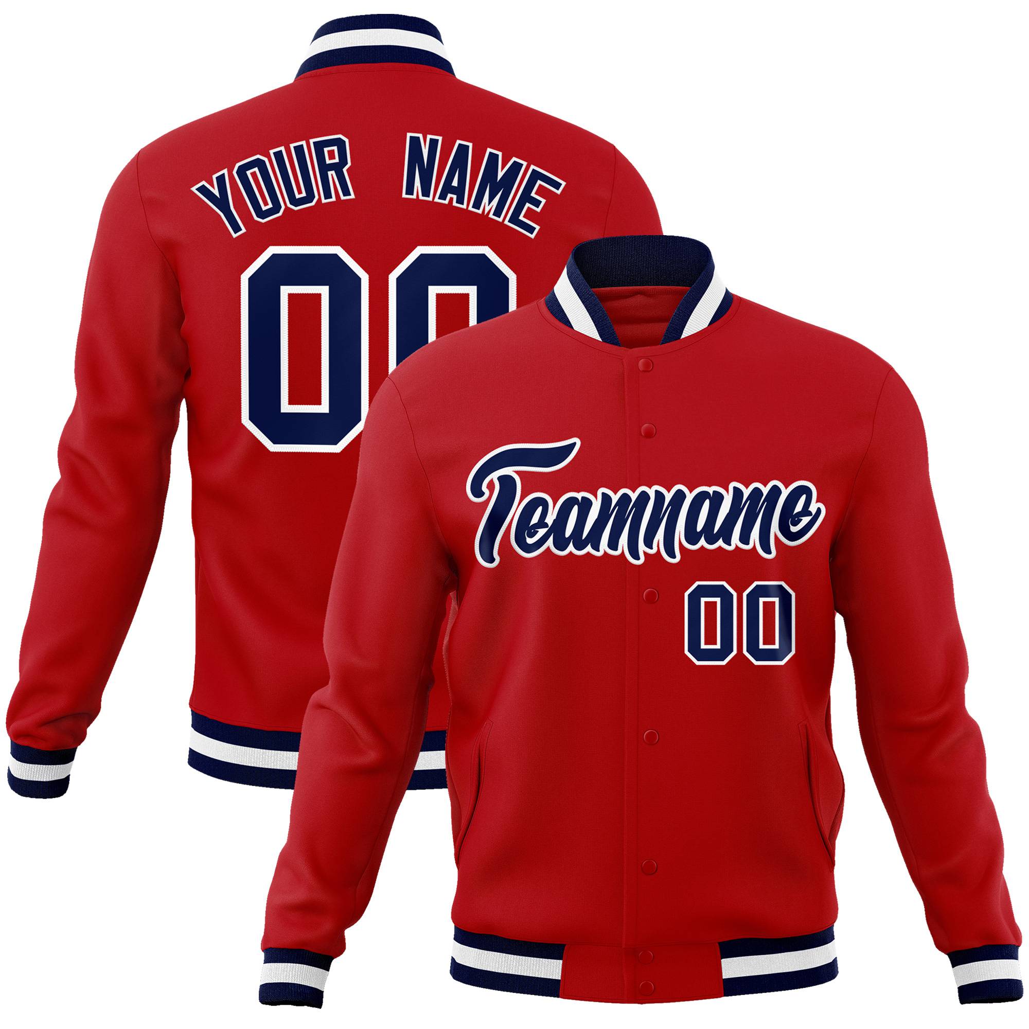 Custom Royal- Red- Navy Bomber Full-Snap Varsity Letterman Jacket