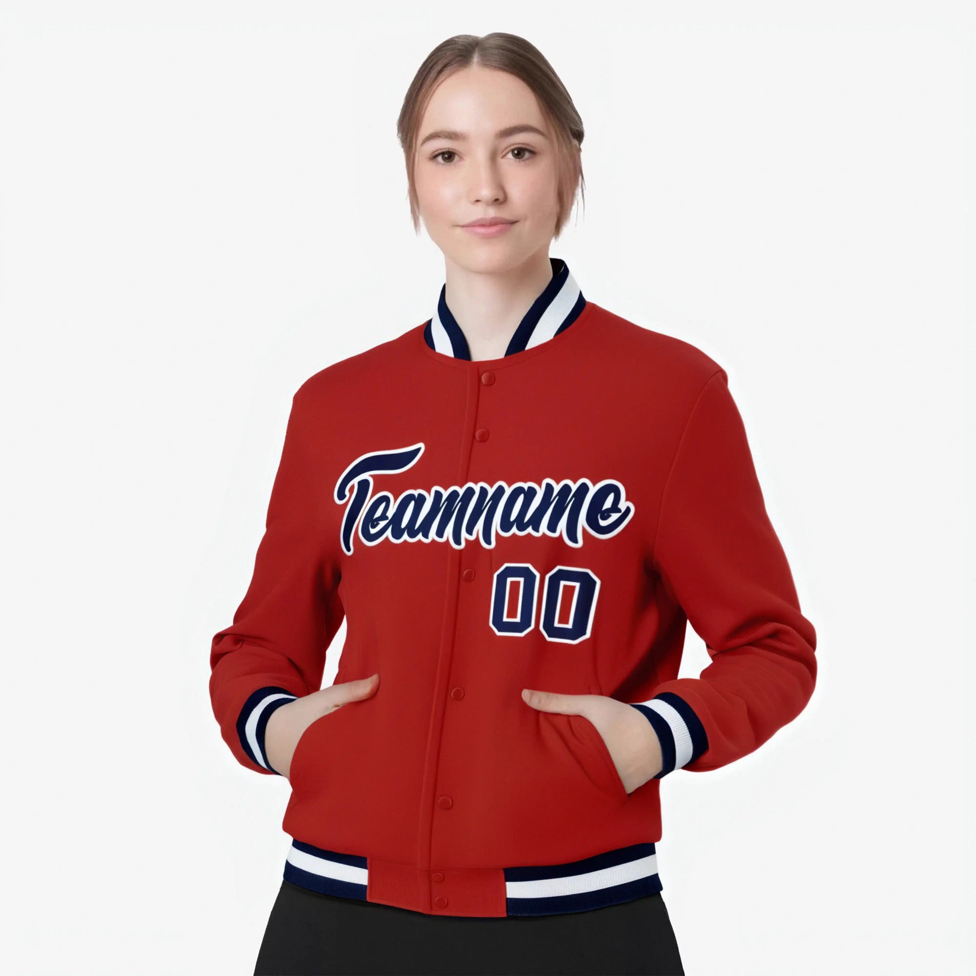 Custom Royal- Red- Navy Bomber Full-Snap Varsity Letterman Jacket