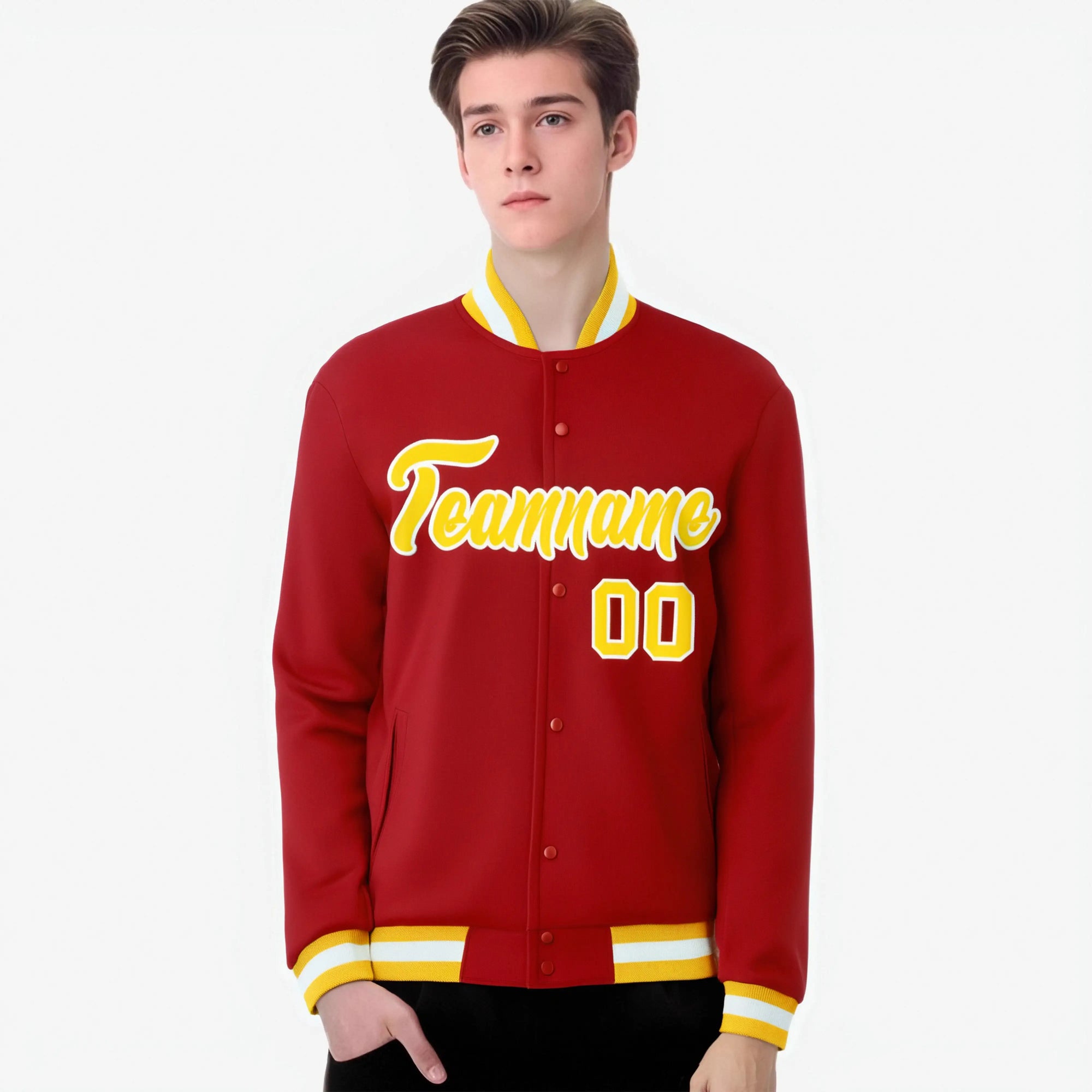 Custom Red-Gold-White Bomber Full-Snap Varsity Letterman Jacket