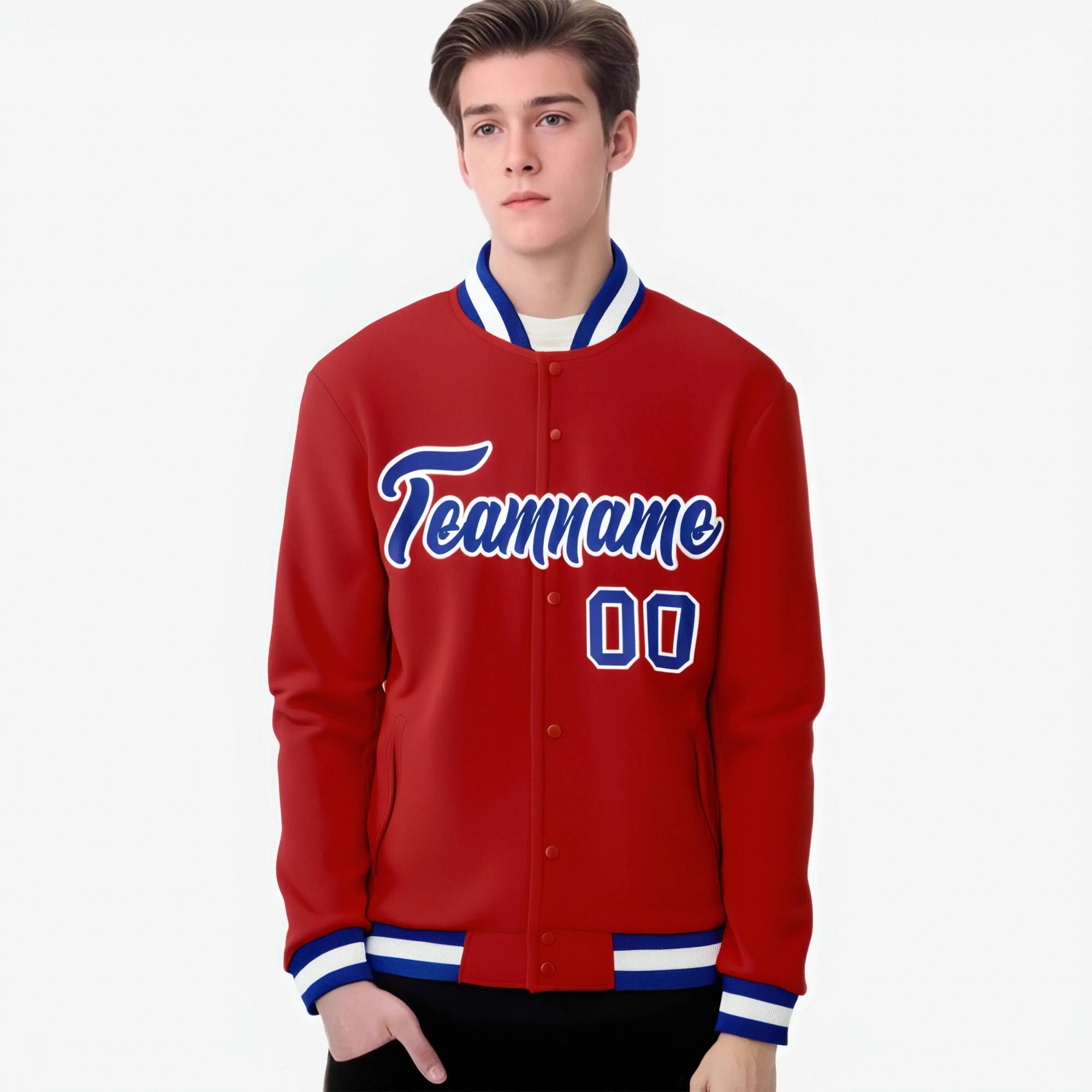 Custom Royal Red Blue-White Bomber Full-Snap Varsity Letterman Jacket