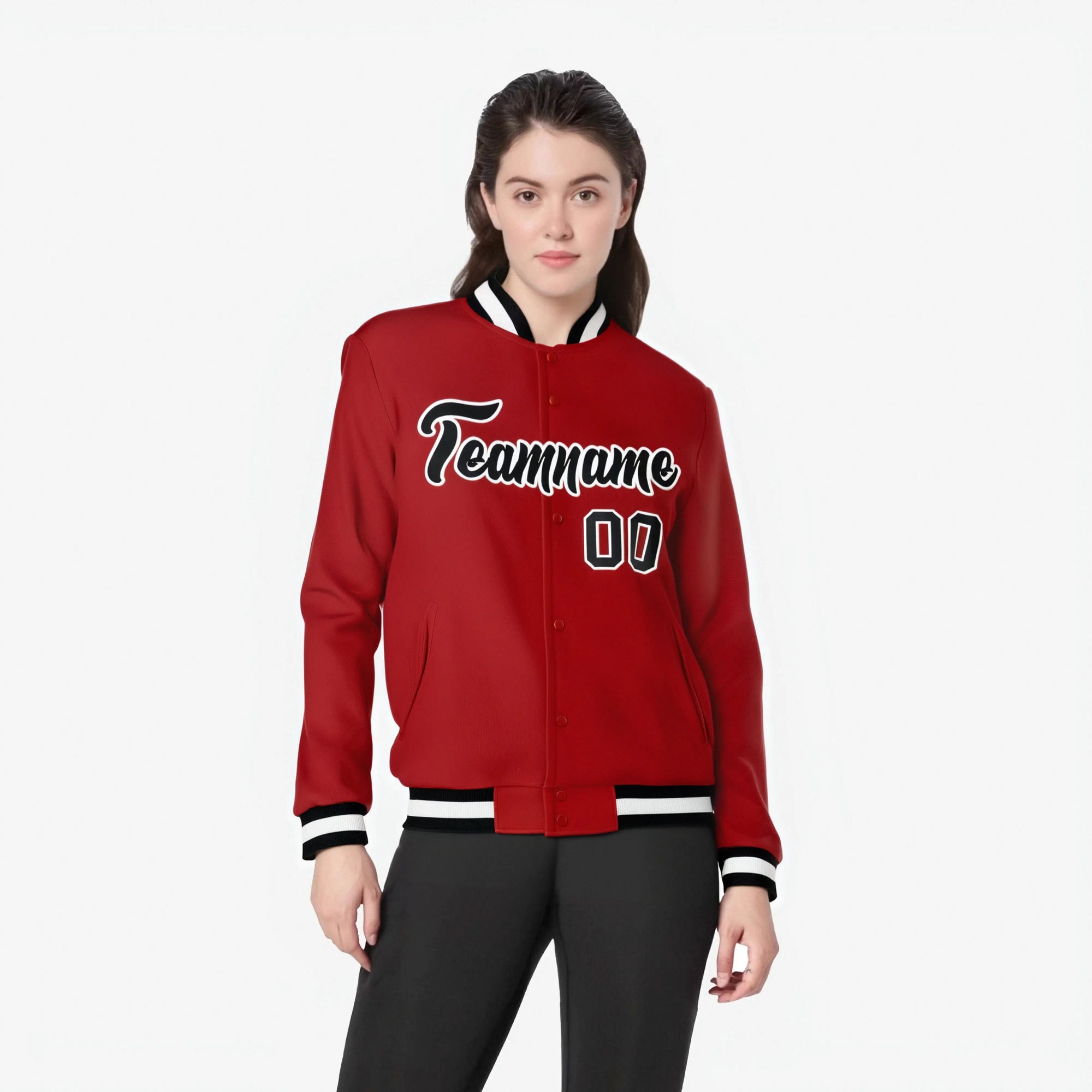 Custom Red-Black-White Bomber Full-Snap Varsity Letterman Jacket