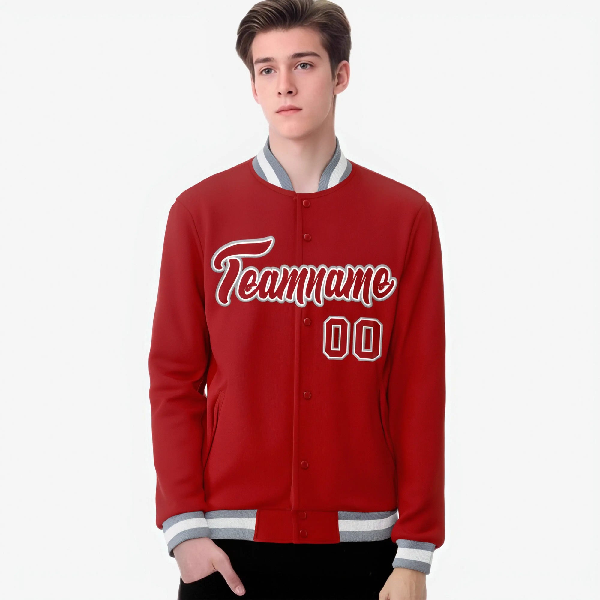 Custom Red- Gray-White Bomber Full-Snap Varsity Letterman Jacket