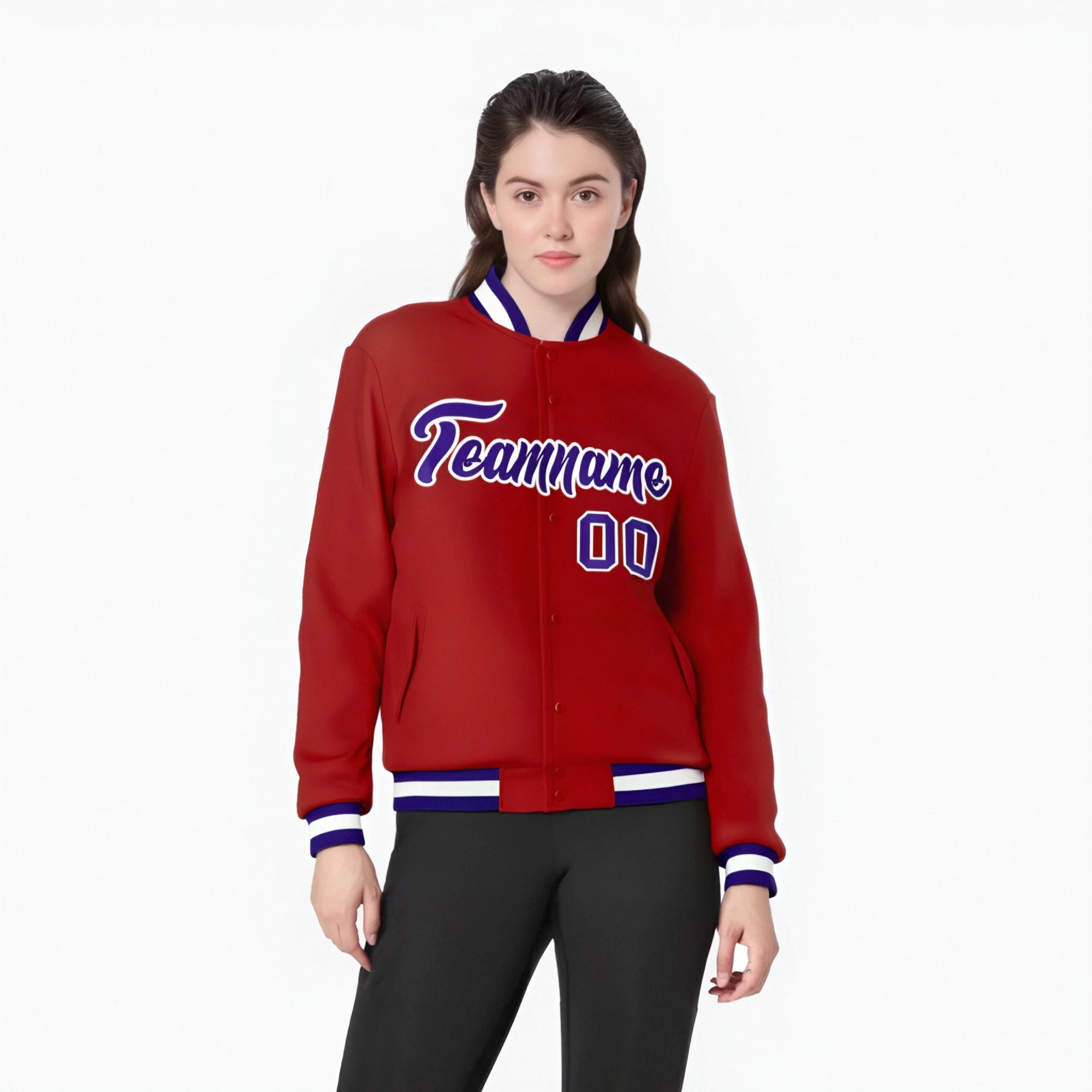 Custom Red-Purple-White Bomber Full-Snap Varsity Letterman Jacket