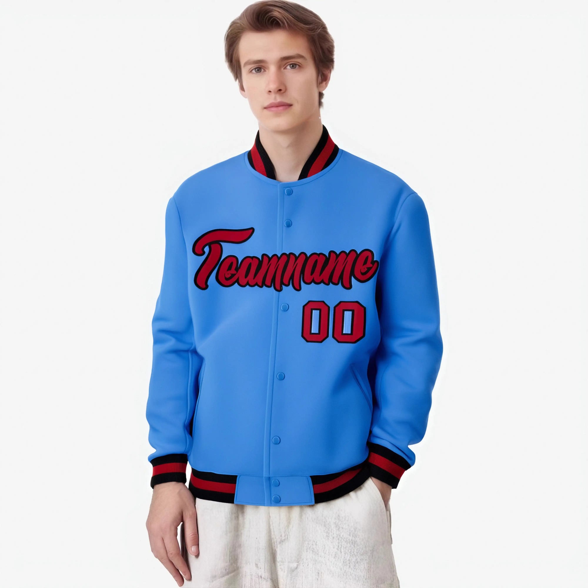 Custom Powder Blue-Red-Black Bomber Full-Snap Varsity Letterman Jacket