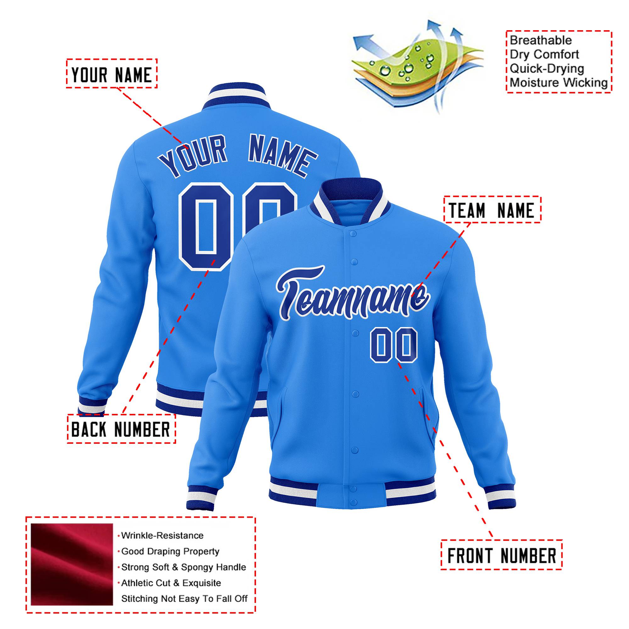 Custom Powder Blue- White-Royal Blue Bomber Full-Snap Varsity Letterman Jacket