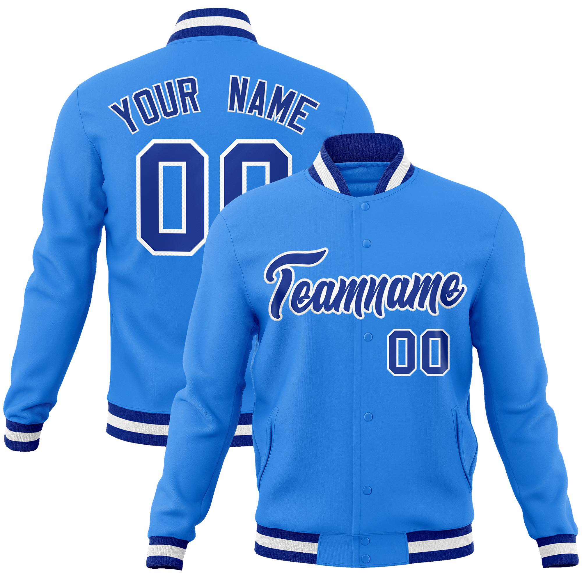 Custom Powder Blue- White-Royal Blue Bomber Full-Snap Varsity Letterman Jacket