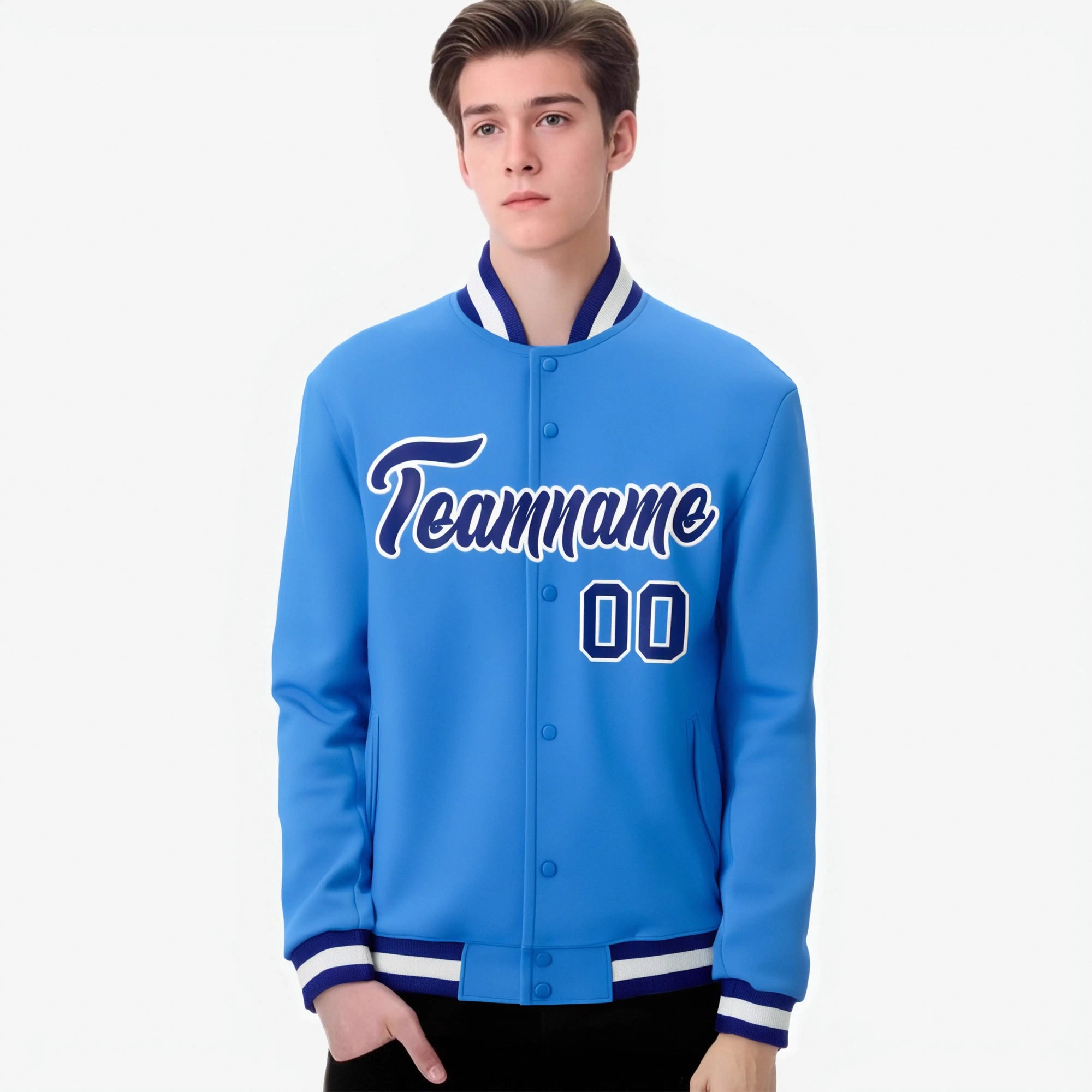 Custom Powder Blue- White-Royal Blue Bomber Full-Snap Varsity Letterman Jacket