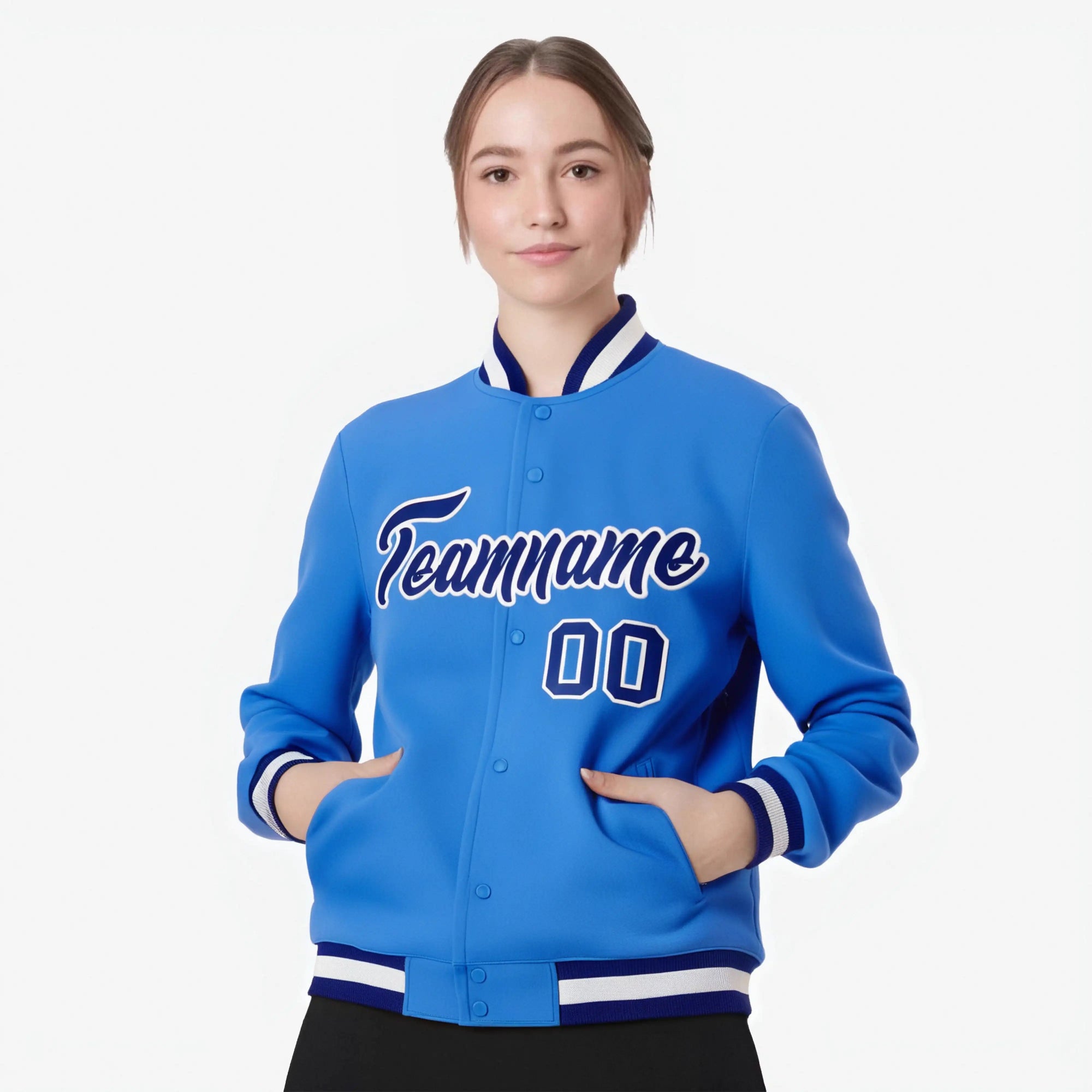 Custom Powder Blue- White-Royal Blue Bomber Full-Snap Varsity Letterman Jacket