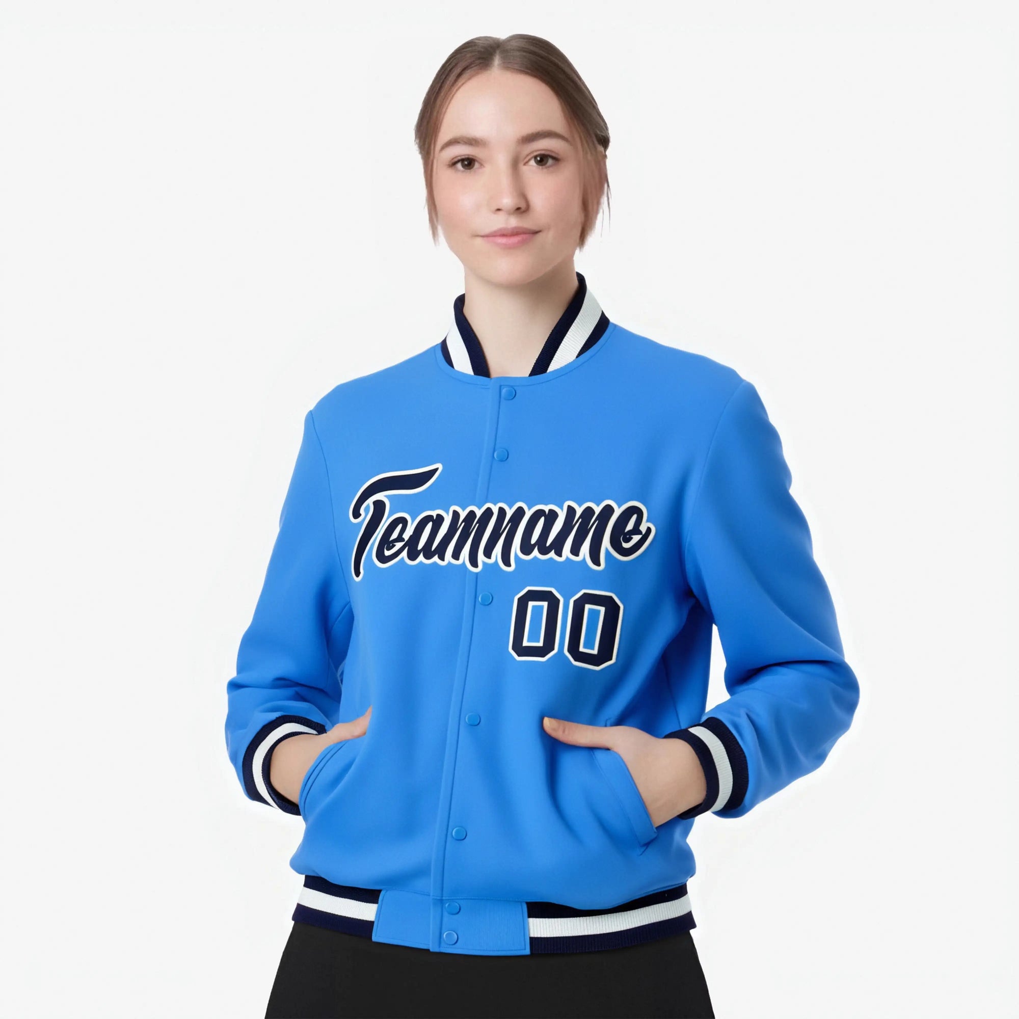 Custom Powder Blue- Navy-White Bomber Full-Snap Varsity Letterman Jacket