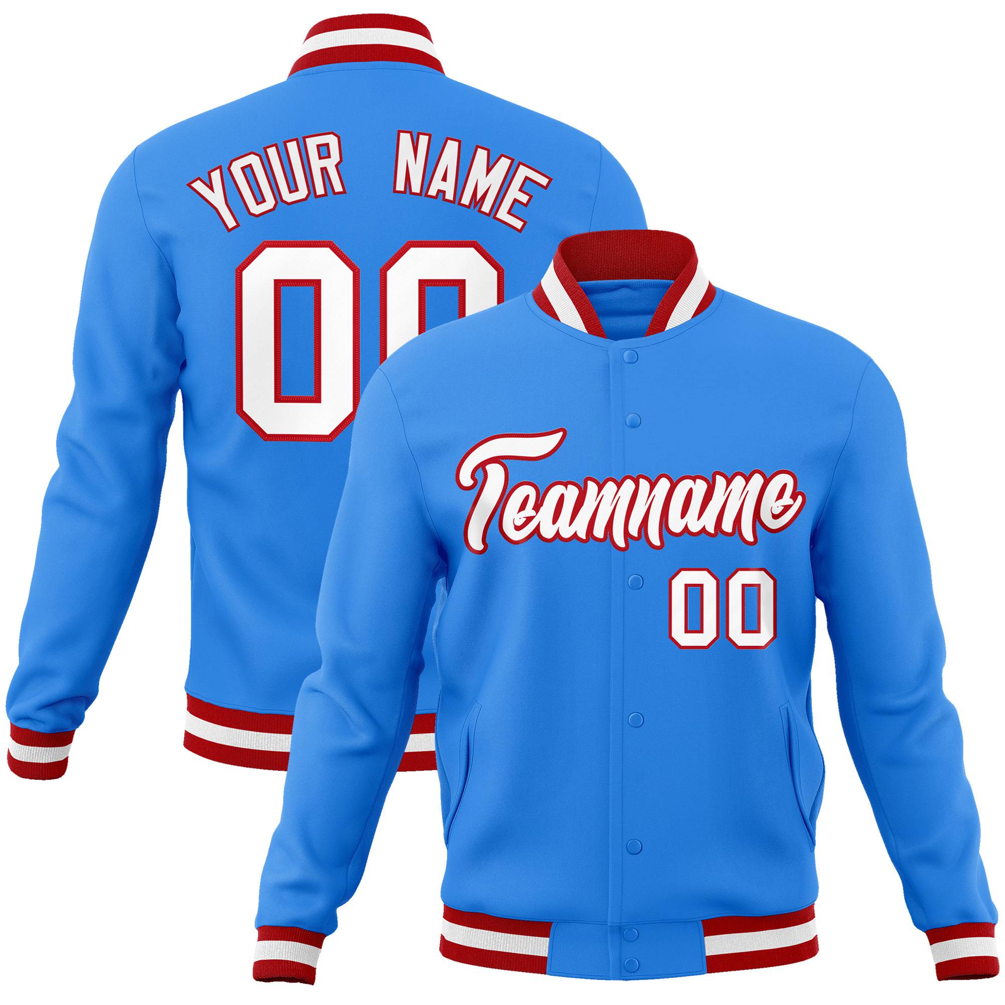 Custom Powder Blue- White-Red Bomber Full-Snap Varsity Letterman Jacket