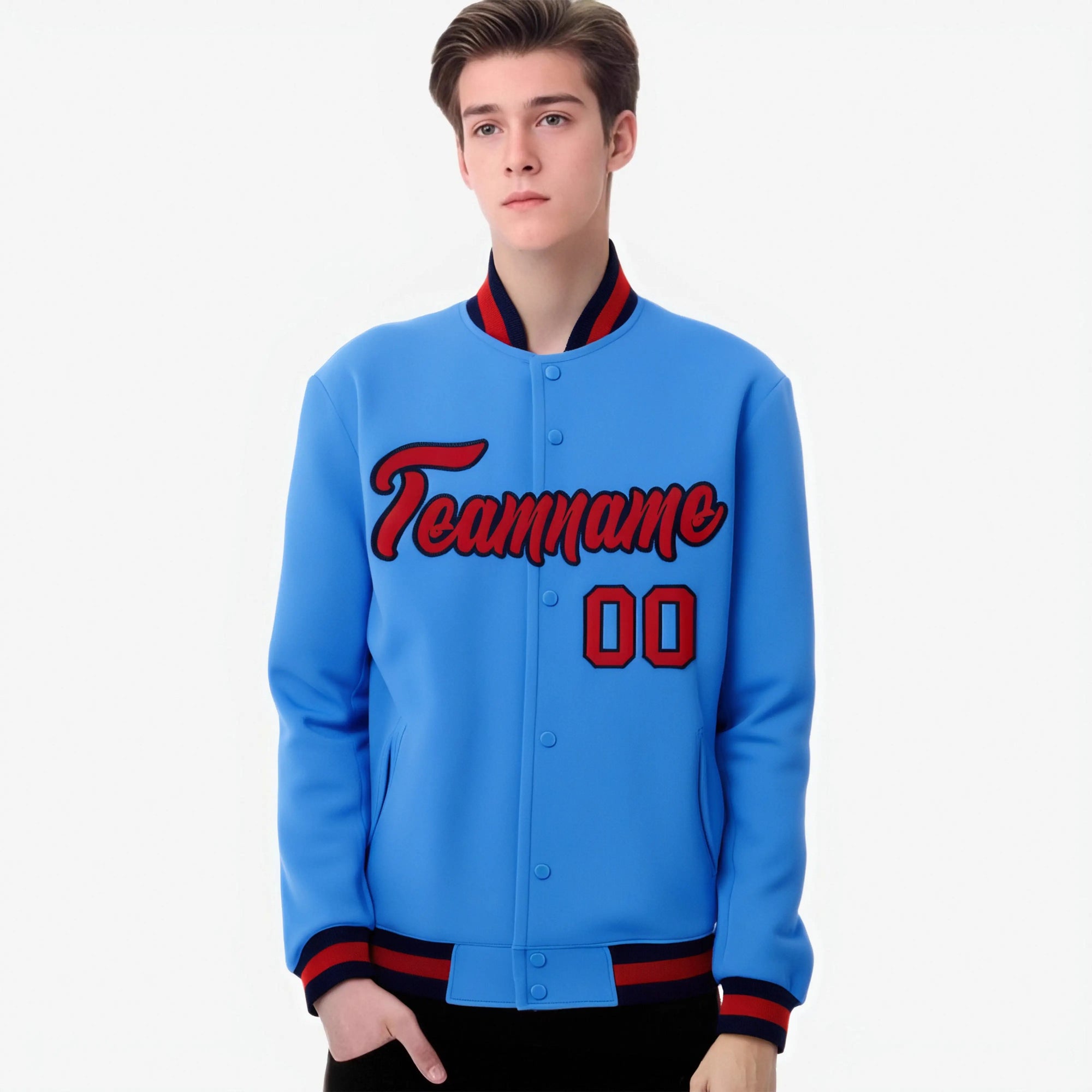 Custom Powder Blue-Red-Navy Bomber Full-Snap Varsity Letterman Jacket