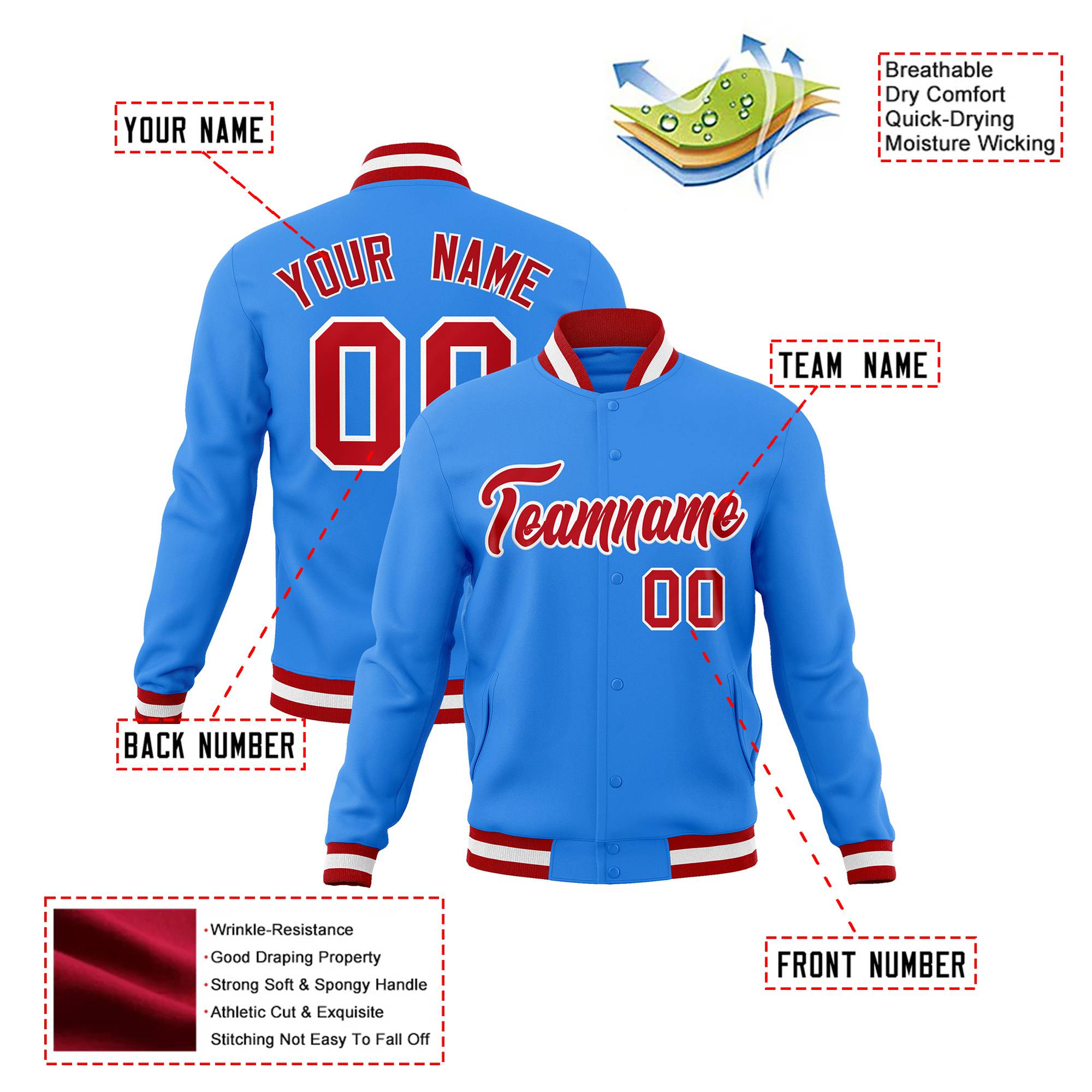 Custom Electric Blue Red-White Bomber Full-Snap Varsity Letterman Jacket