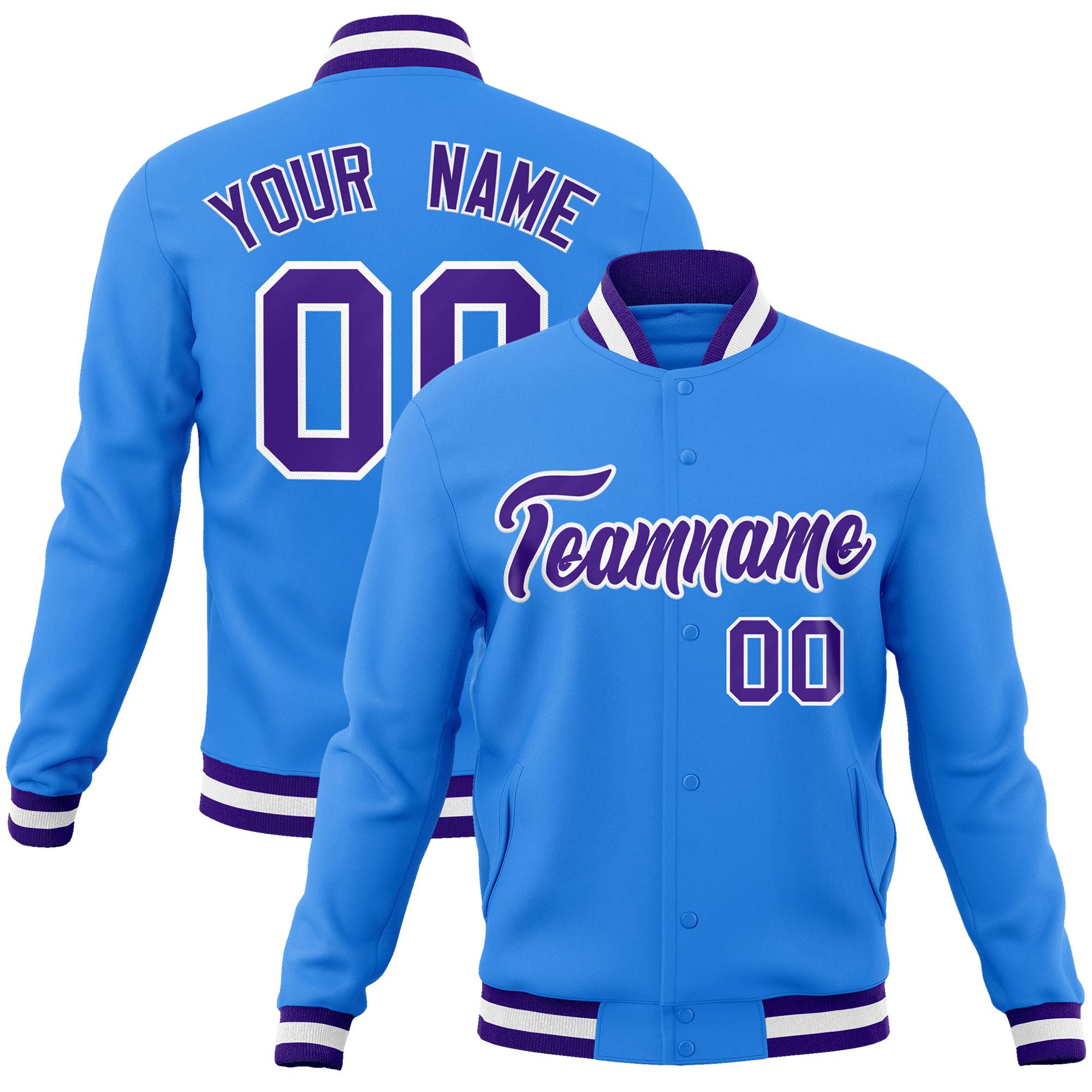 Custom Powder Blue-Purple-White Bomber Full-Snap Varsity Letterman Jacket