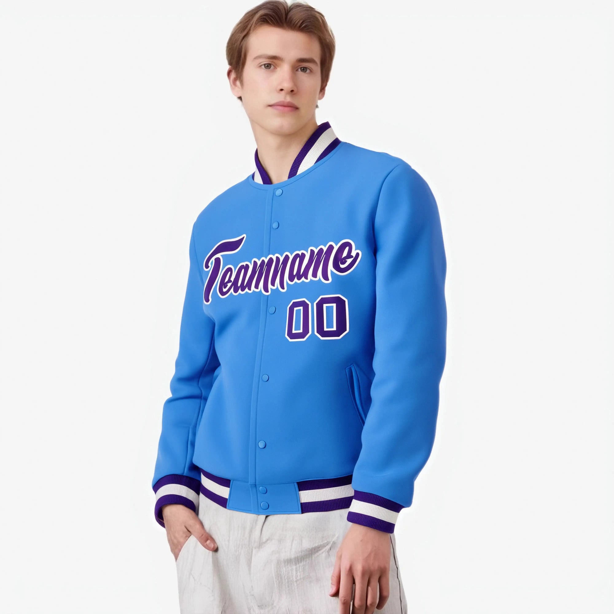 Custom Powder Blue-Purple-White Bomber Full-Snap Varsity Letterman Jacket