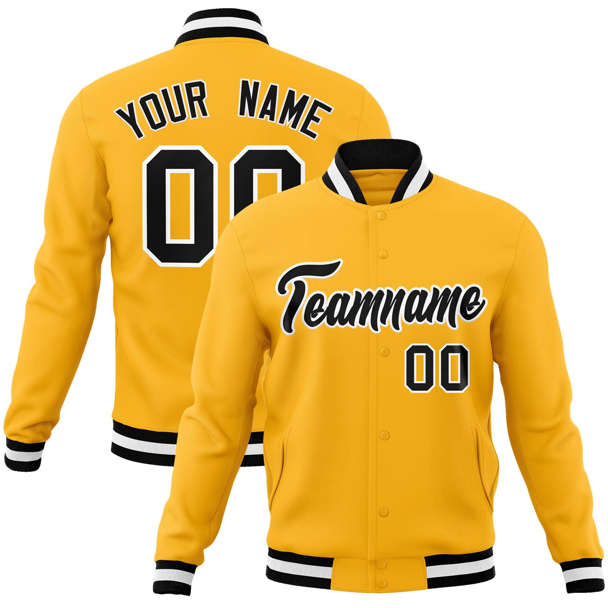 Custom Yellow Black-White Bomber Full-Snap Varsity Letterman Jacket