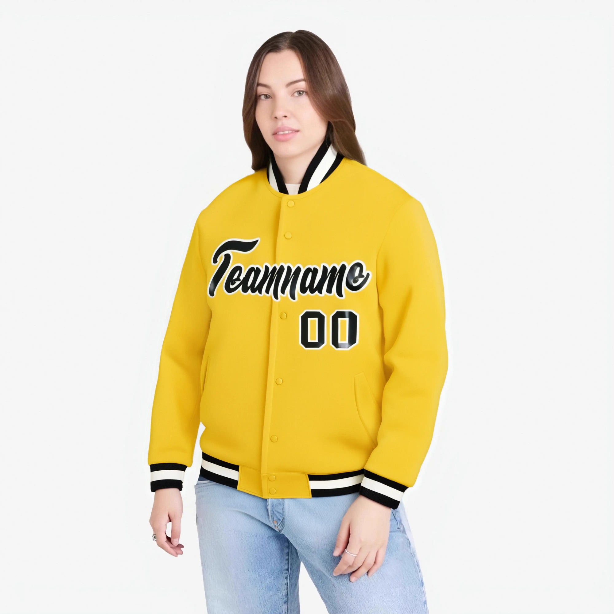 Custom Yellow Black-White Bomber Full-Snap Varsity Letterman Jacket