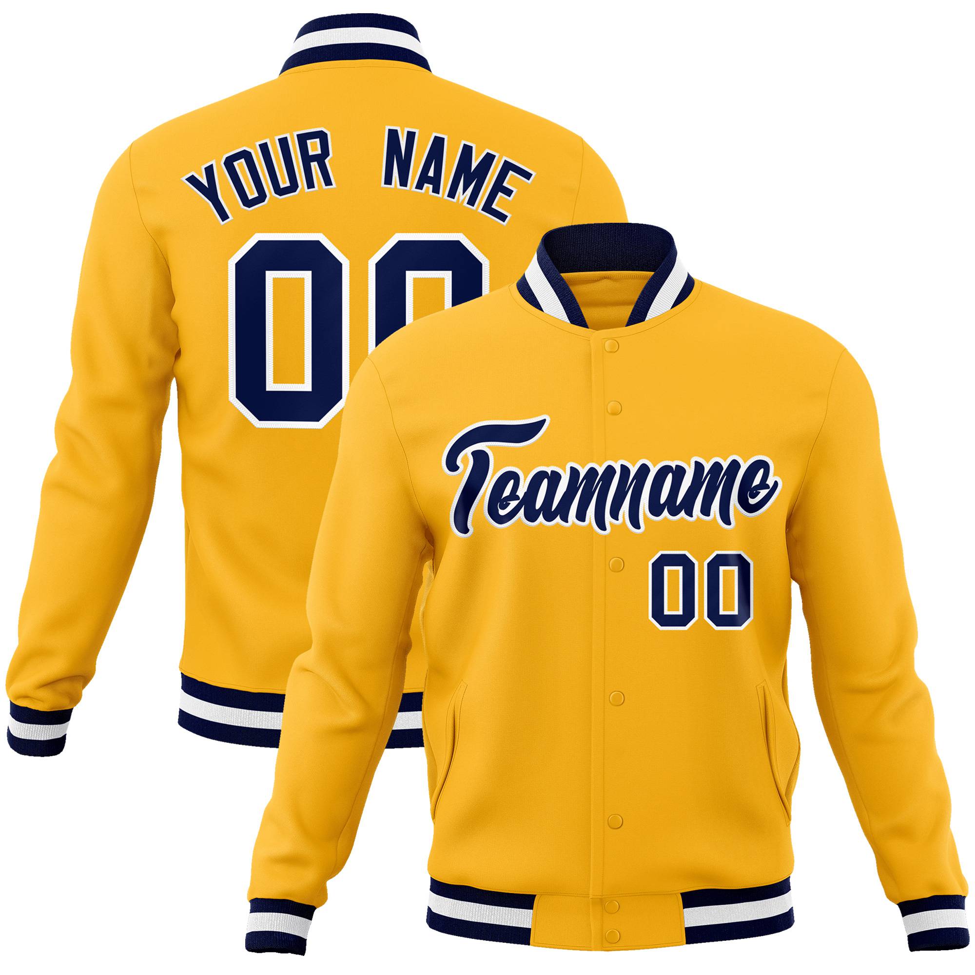 Custom Yellow- Navy-White Bomber Full-Snap Varsity Letterman Jacket