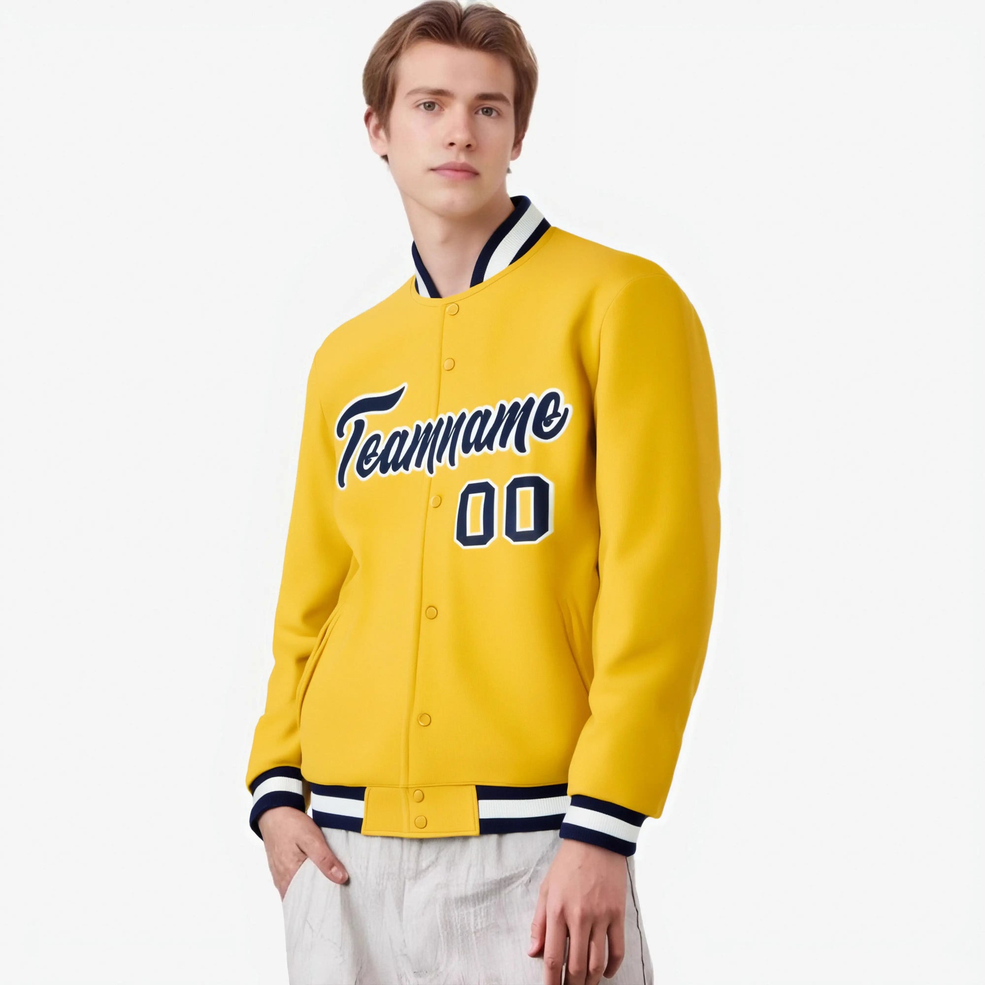 Custom Yellow- Navy-White Bomber Full-Snap Varsity Letterman Jacket