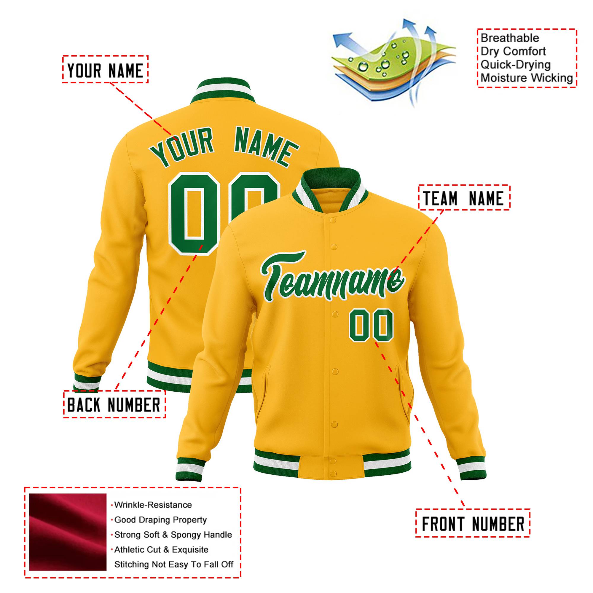 Custom Yellow-Kelly Green- White Bomber Full-Snap Varsity Letterman Jacket