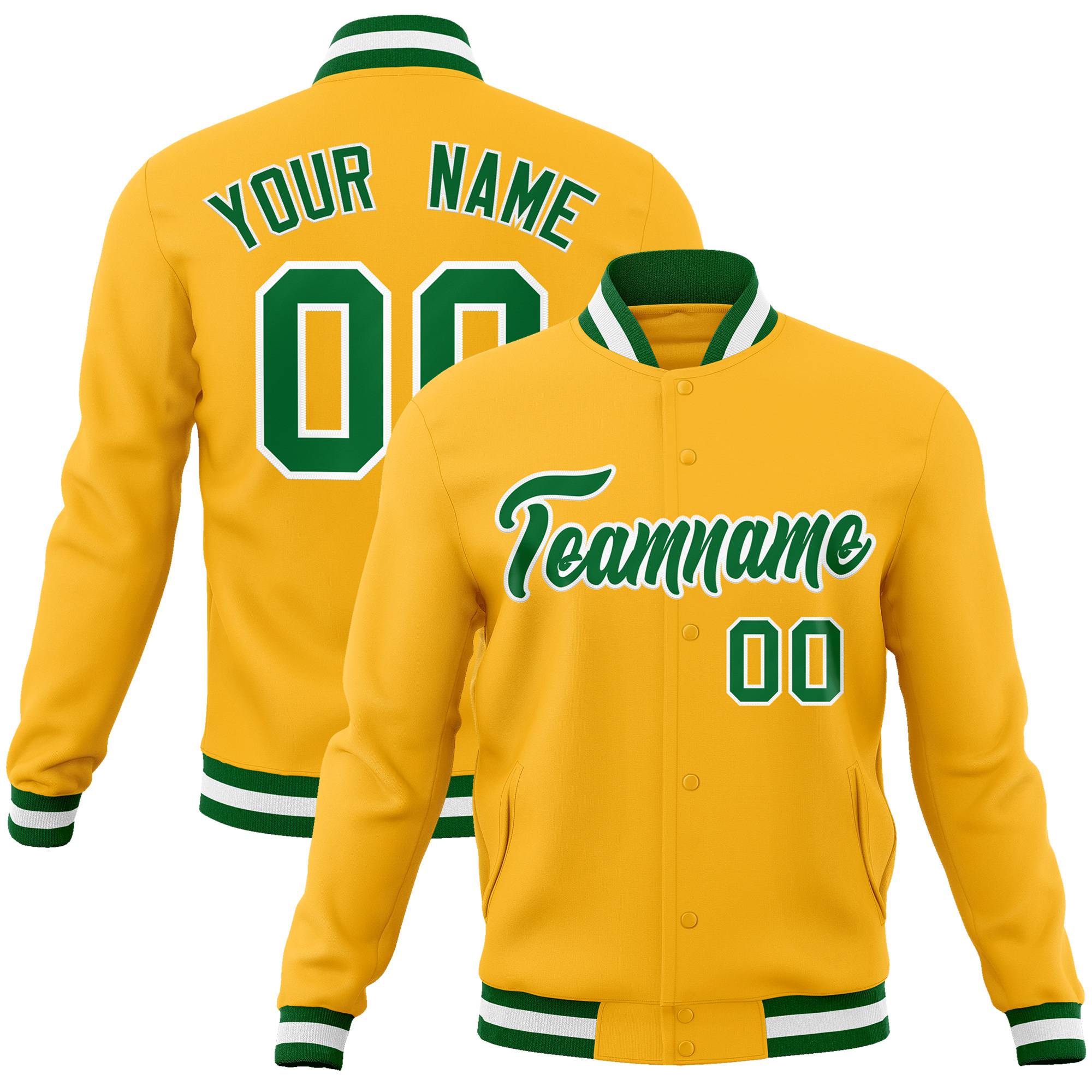 Custom Yellow-Kelly Green- White Bomber Full-Snap Varsity Letterman Jacket