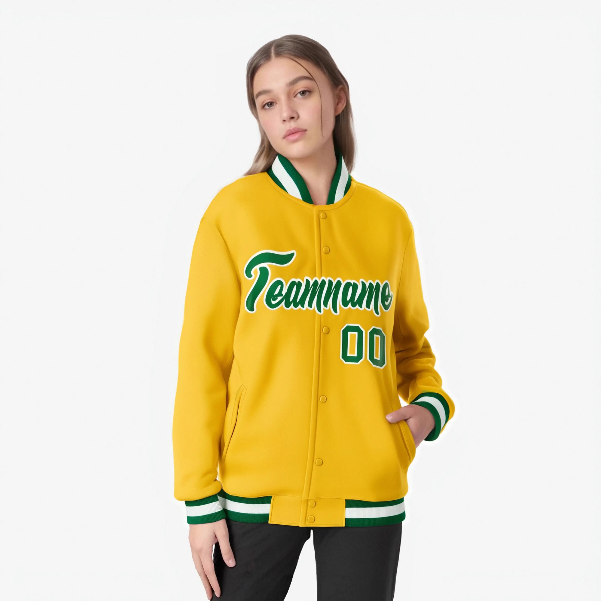 Custom Yellow-Kelly Green- White Bomber Full-Snap Varsity Letterman Jacket