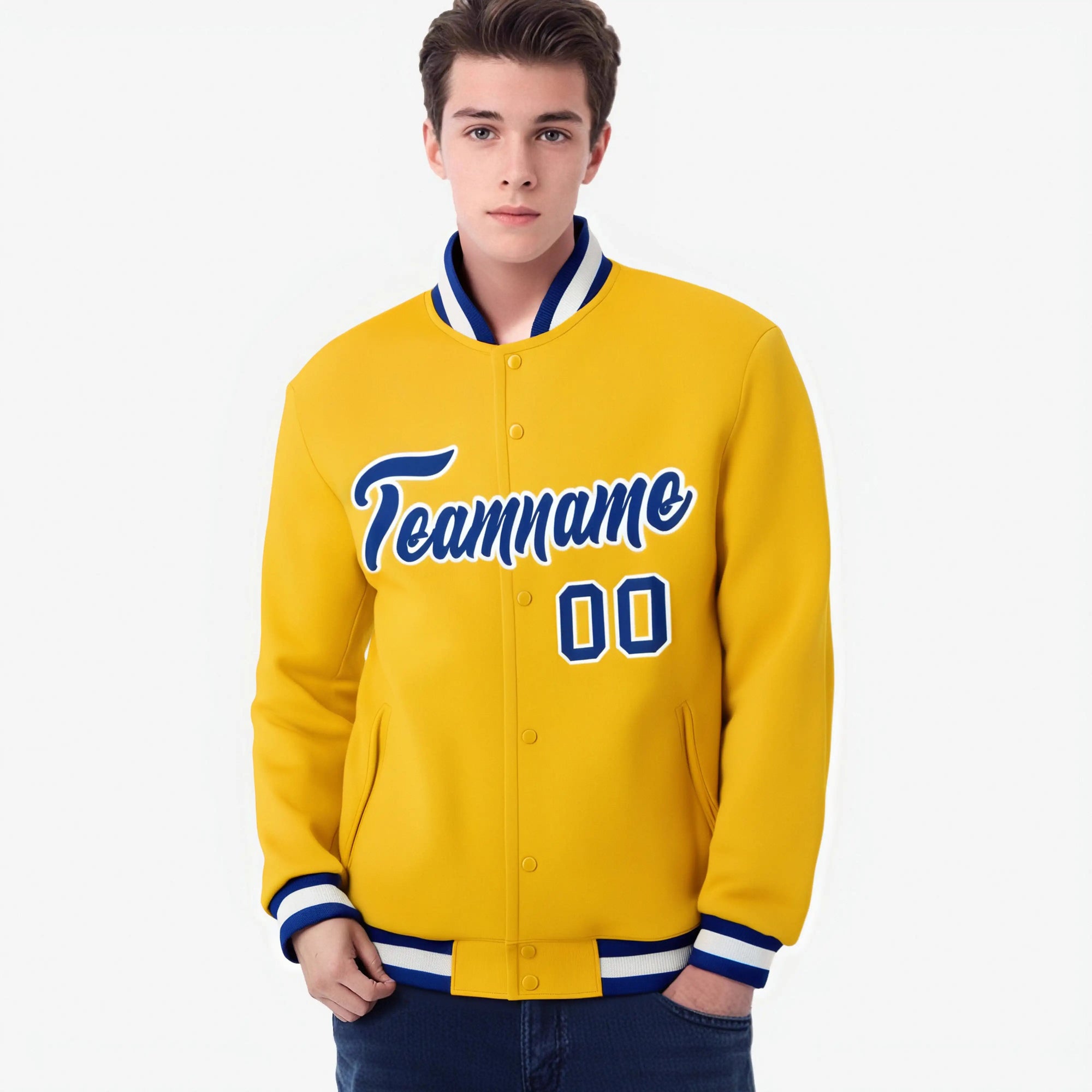 Custom Yellow- Purple-White Bomber Full-Snap Varsity Letterman Jacket