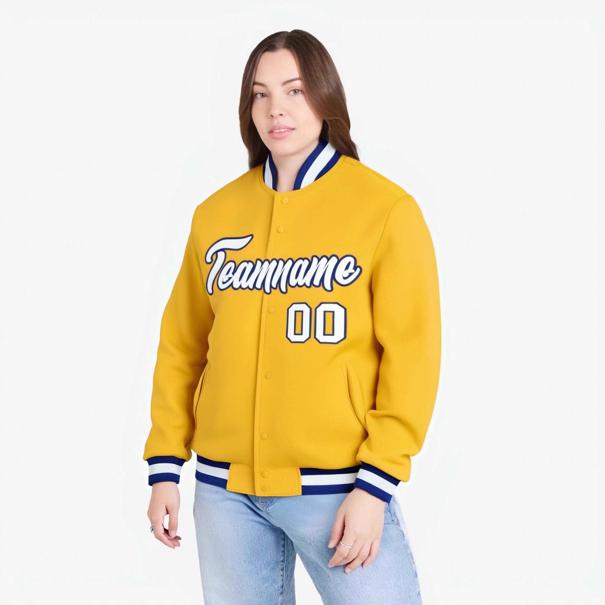 Custom Yellow- White-Purple Bomber Full-Snap Varsity Letterman Jacket