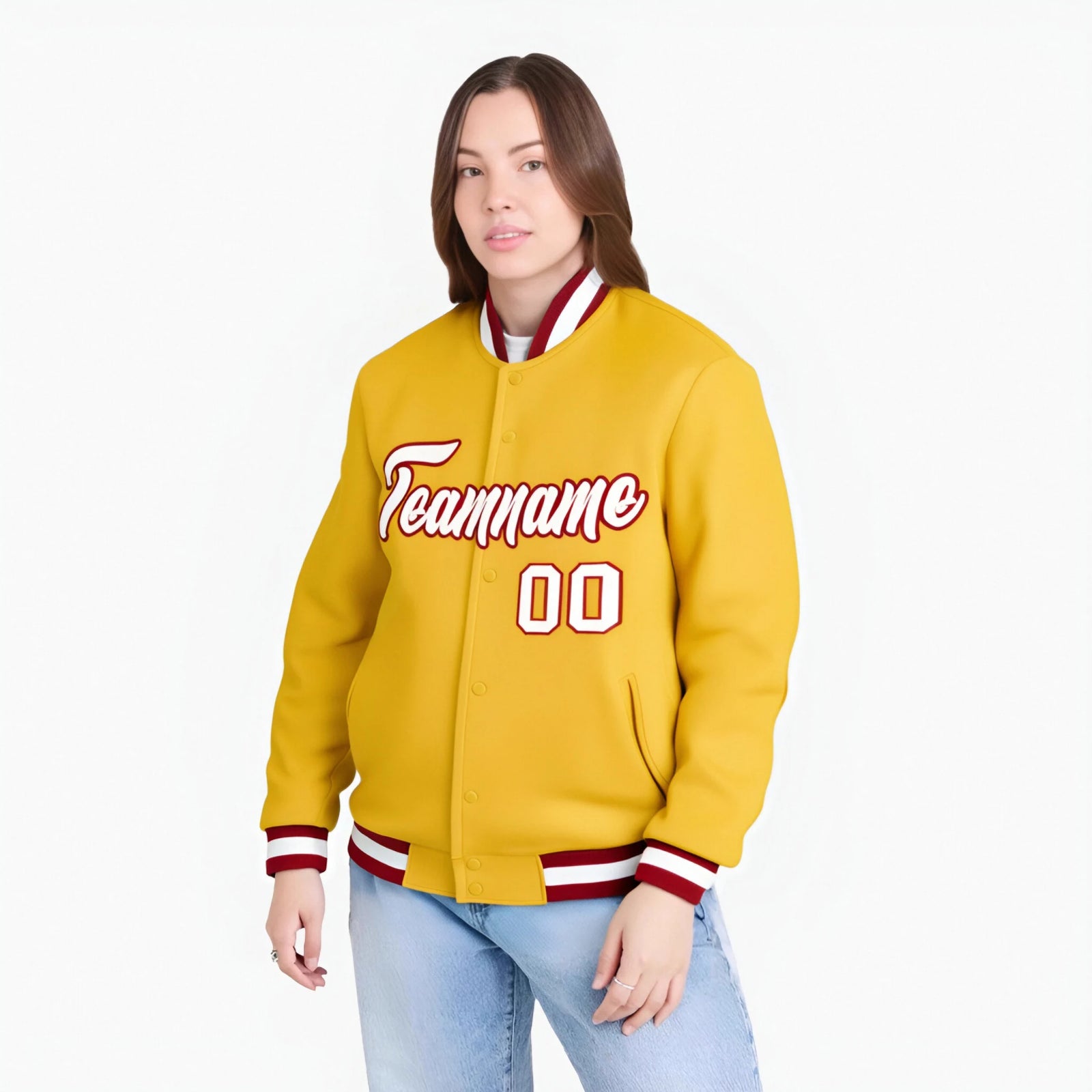 Custom Yellow- White-Red Bomber Full-Snap Varsity Letterman Jacket
