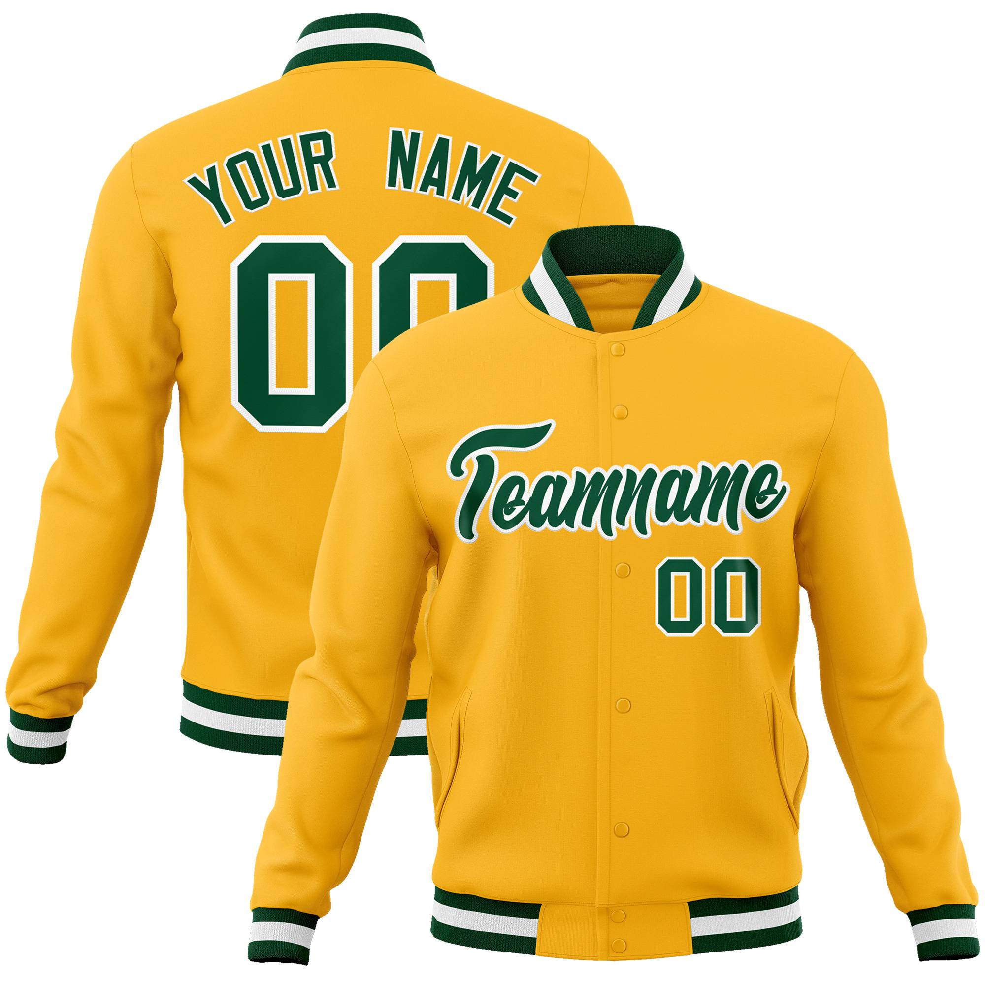 Custom Yellow- Kelly-Green White Bomber Full-Snap Varsity Letterman Jacket