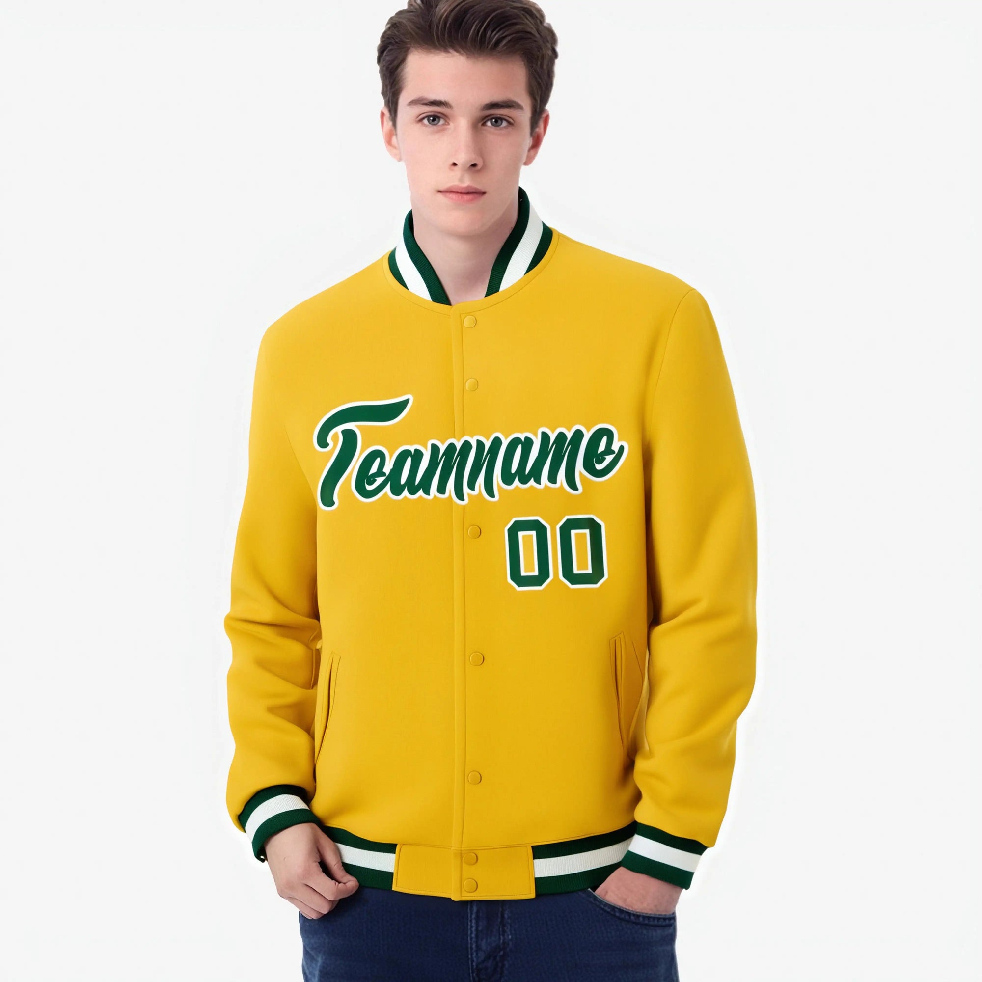 Custom Yellow- Kelly-Green White Bomber Full-Snap Varsity Letterman Jacket