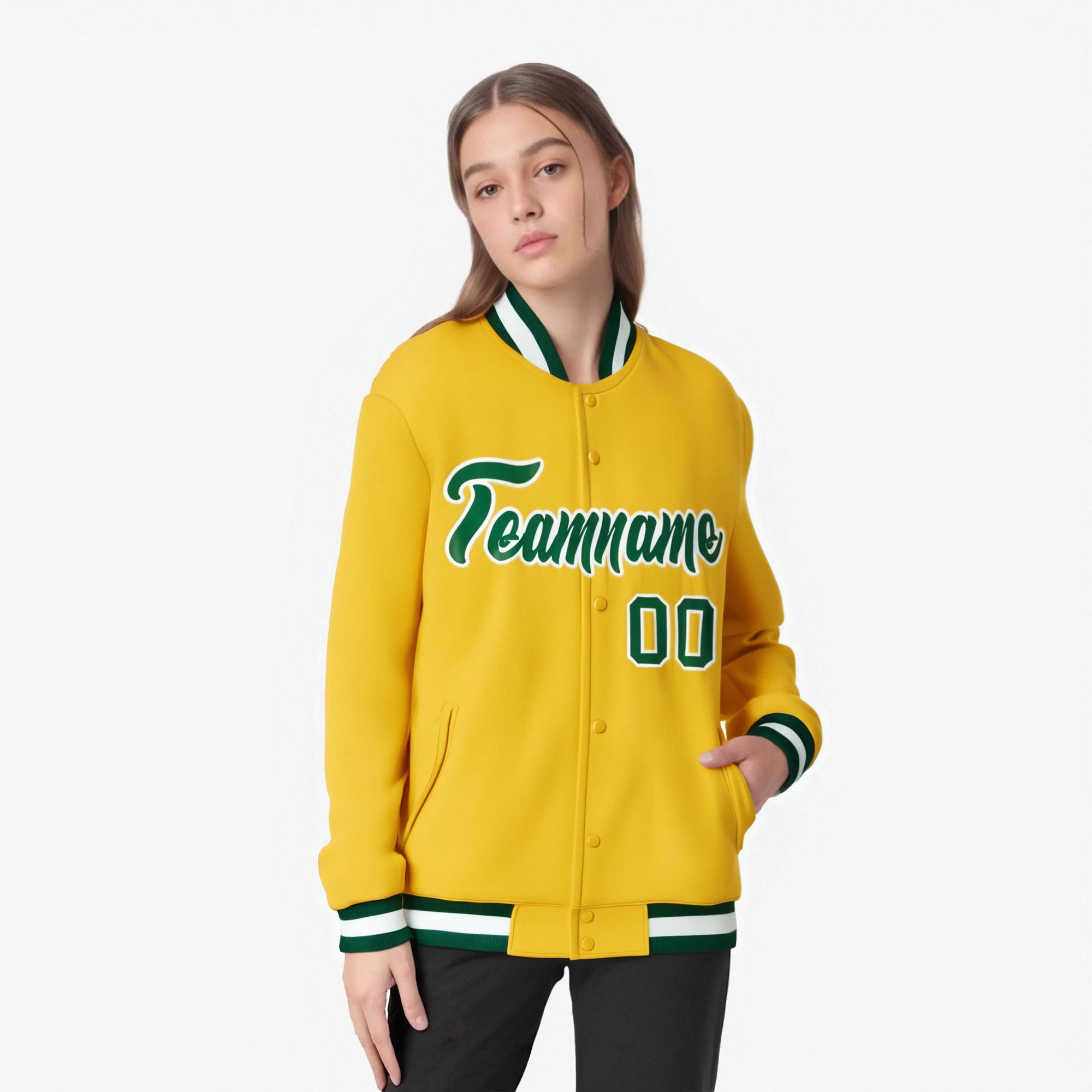 Custom Yellow- Kelly-Green White Bomber Full-Snap Varsity Letterman Jacket