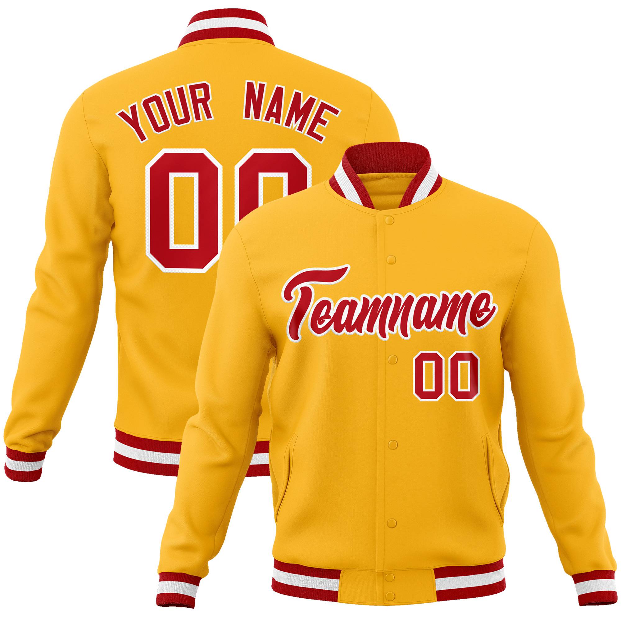 Custom Yellow- Red-White Bomber Full-Snap Varsity Letterman Jacket