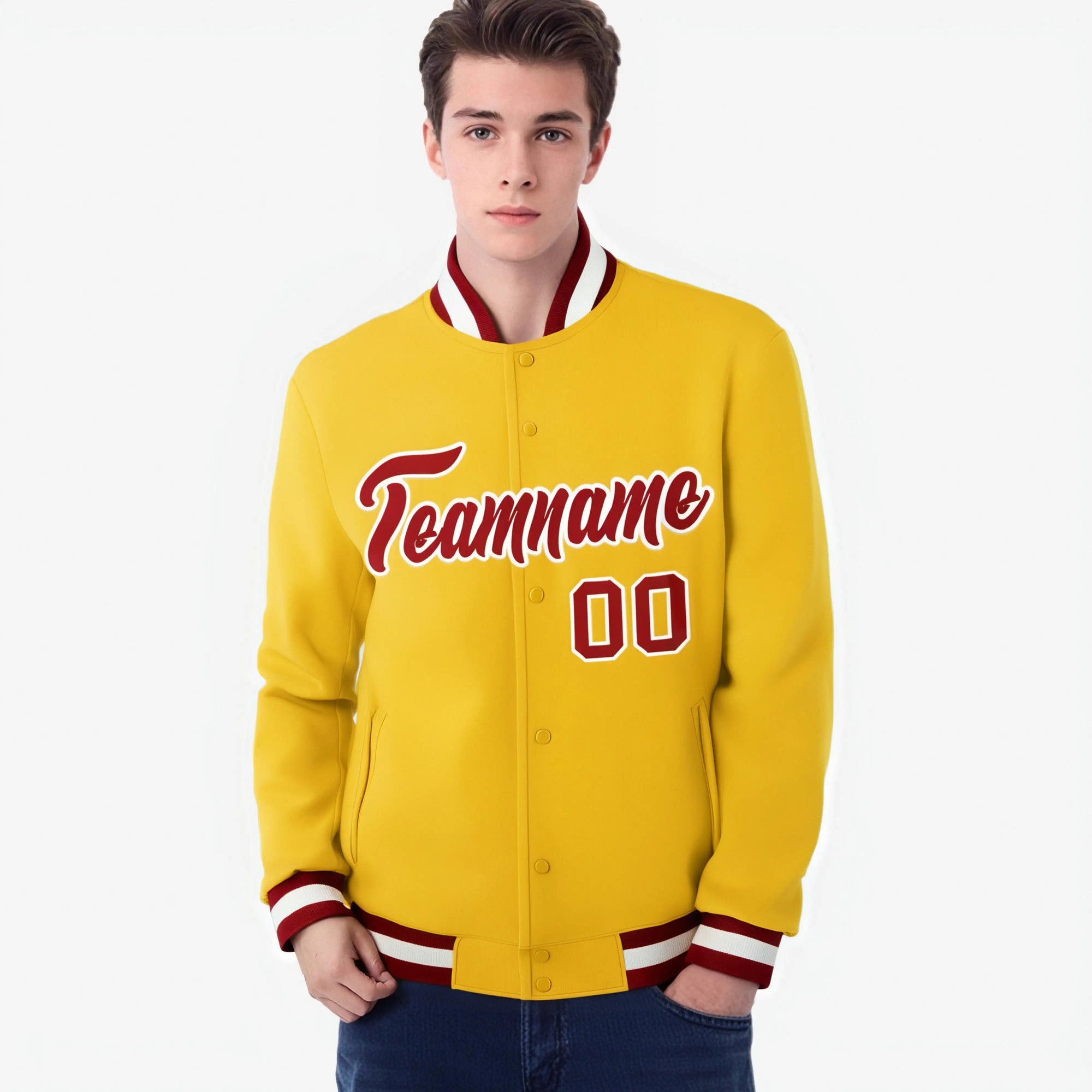 Custom Yellow- Red-White Bomber Full-Snap Varsity Letterman Jacket