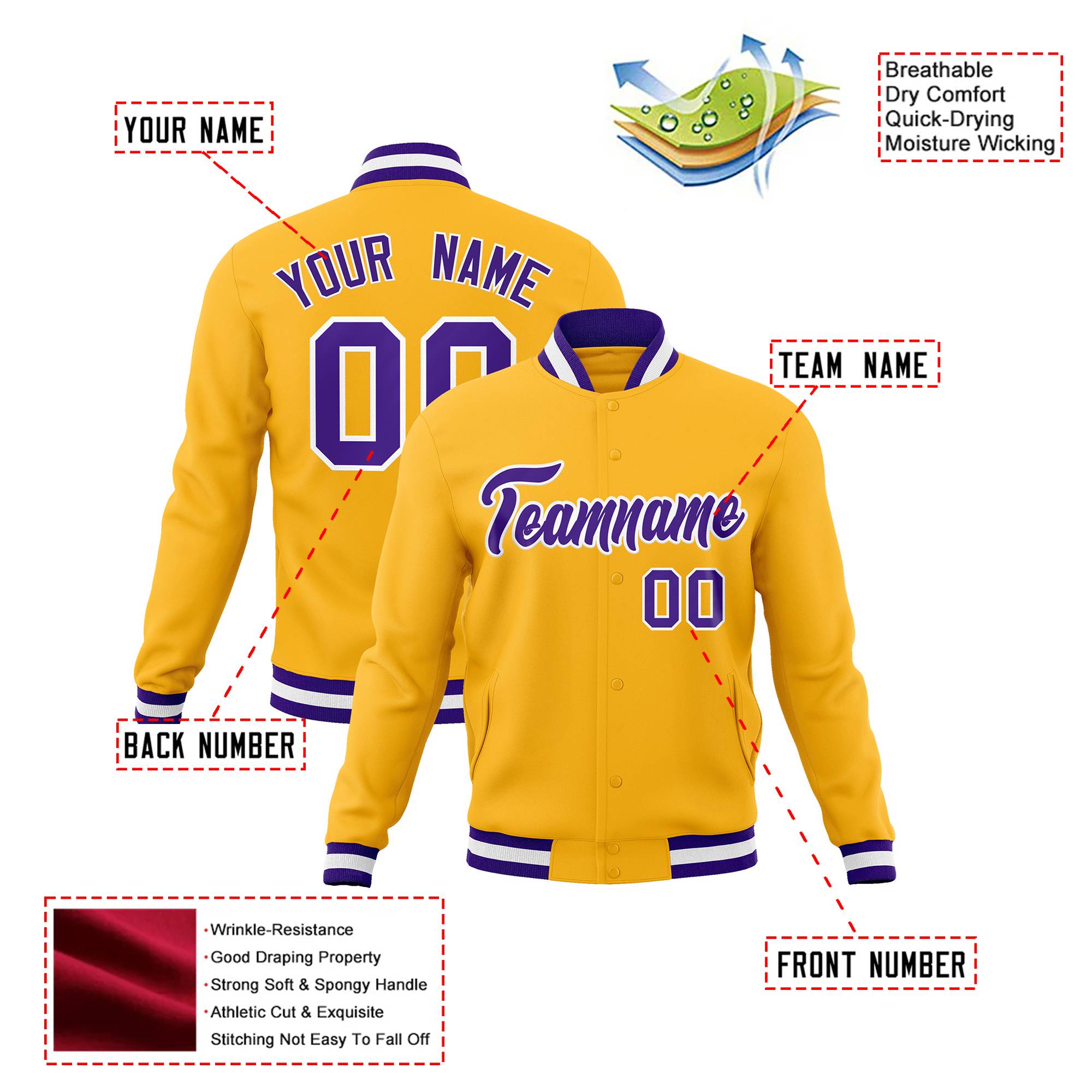 Custom Yellow- Purple-White Bomber Full-Snap Varsity Letterman Jacket