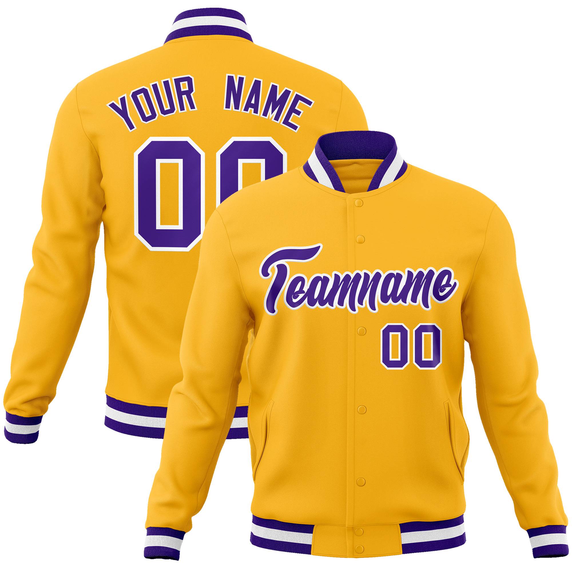 Custom Yellow- Purple-White Bomber Full-Snap Varsity Letterman Jacket