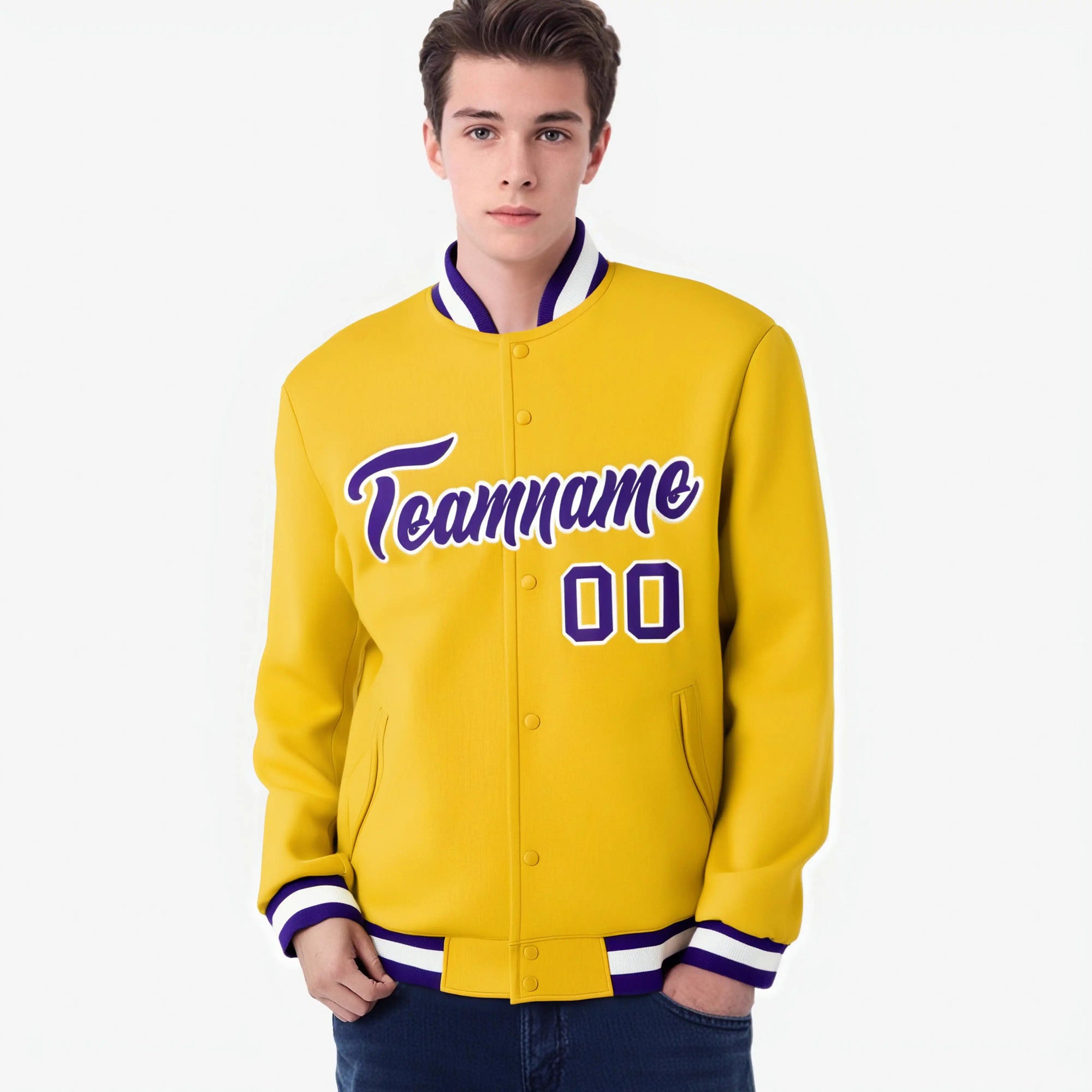 Custom Yellow- Purple-White Bomber Full-Snap Varsity Letterman Jacket