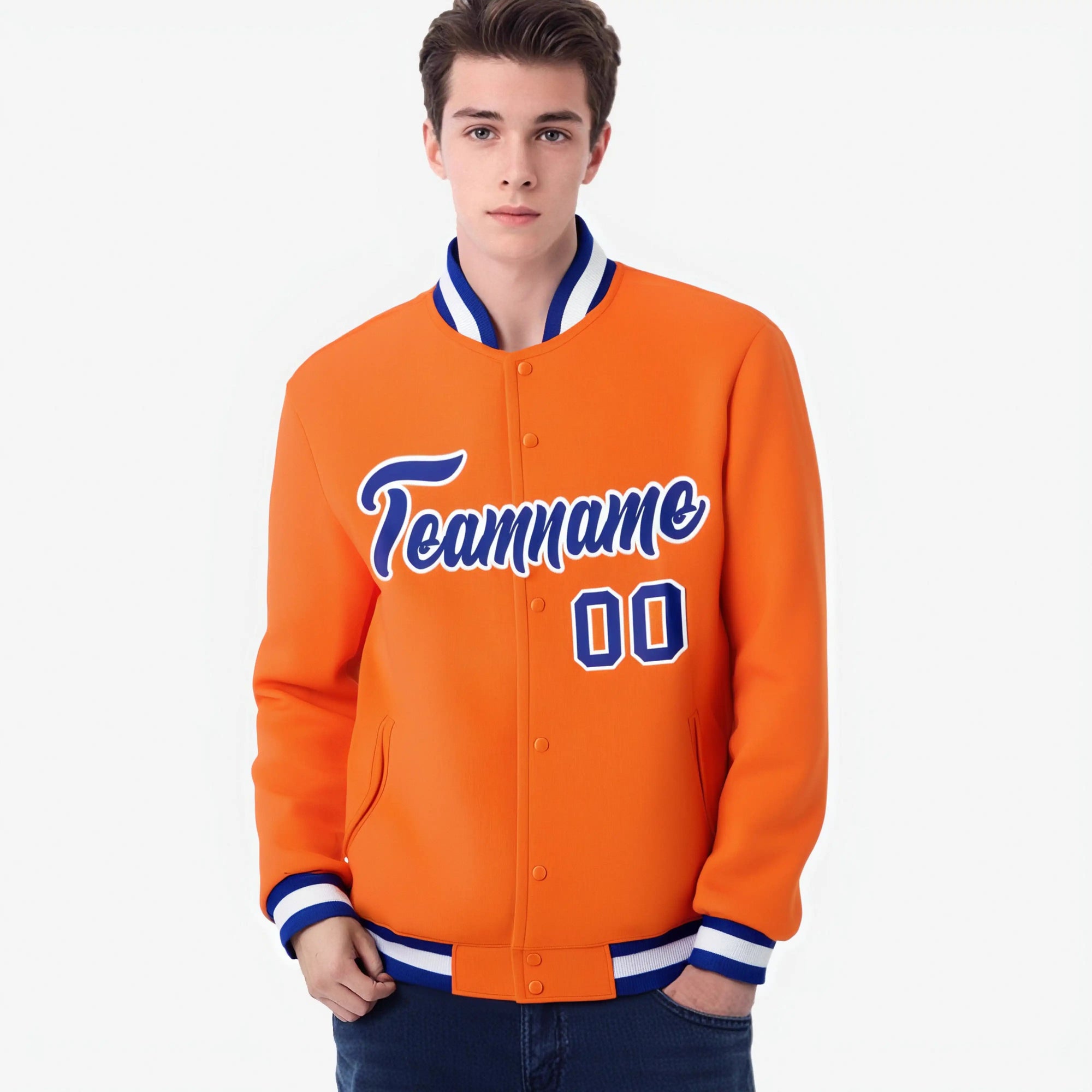 Custom Orange- Purple-White Bomber Full-Snap Varsity Letterman Jacket