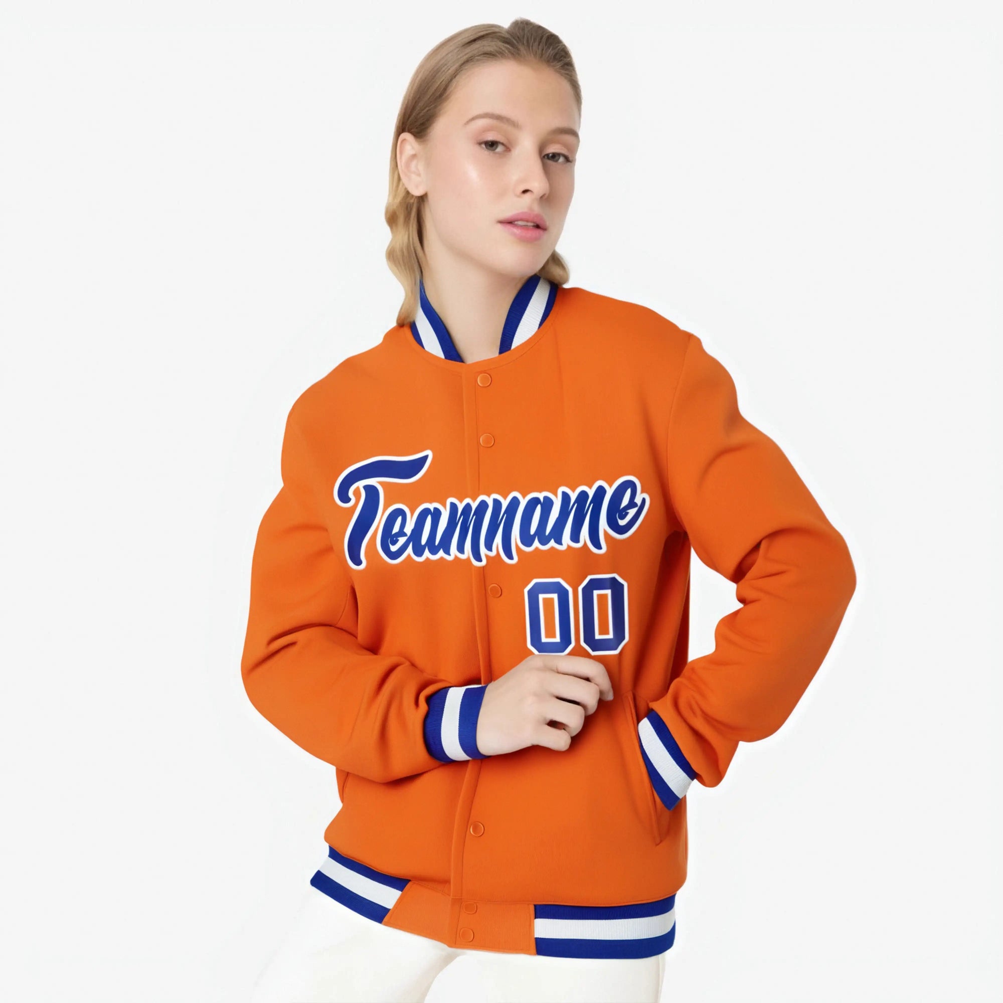 Custom Orange- Purple-White Bomber Full-Snap Varsity Letterman Jacket