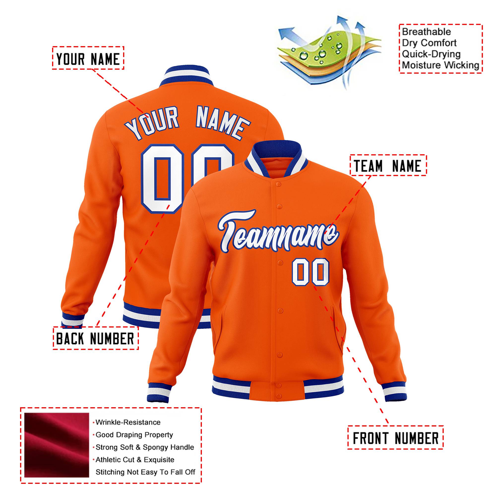 Custom Orange-White-Purple Bomber Full-Snap Varsity Letterman Jacket