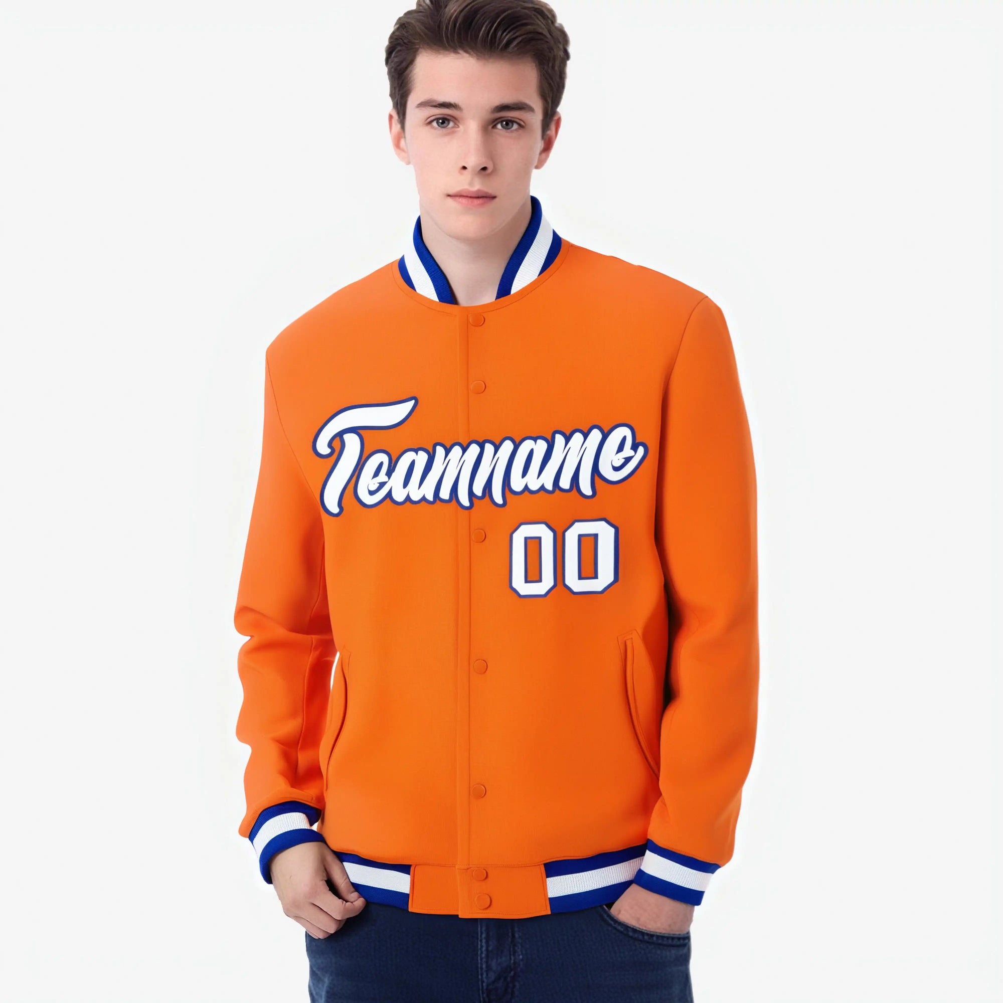 Custom Orange-White-Purple Bomber Full-Snap Varsity Letterman Jacket