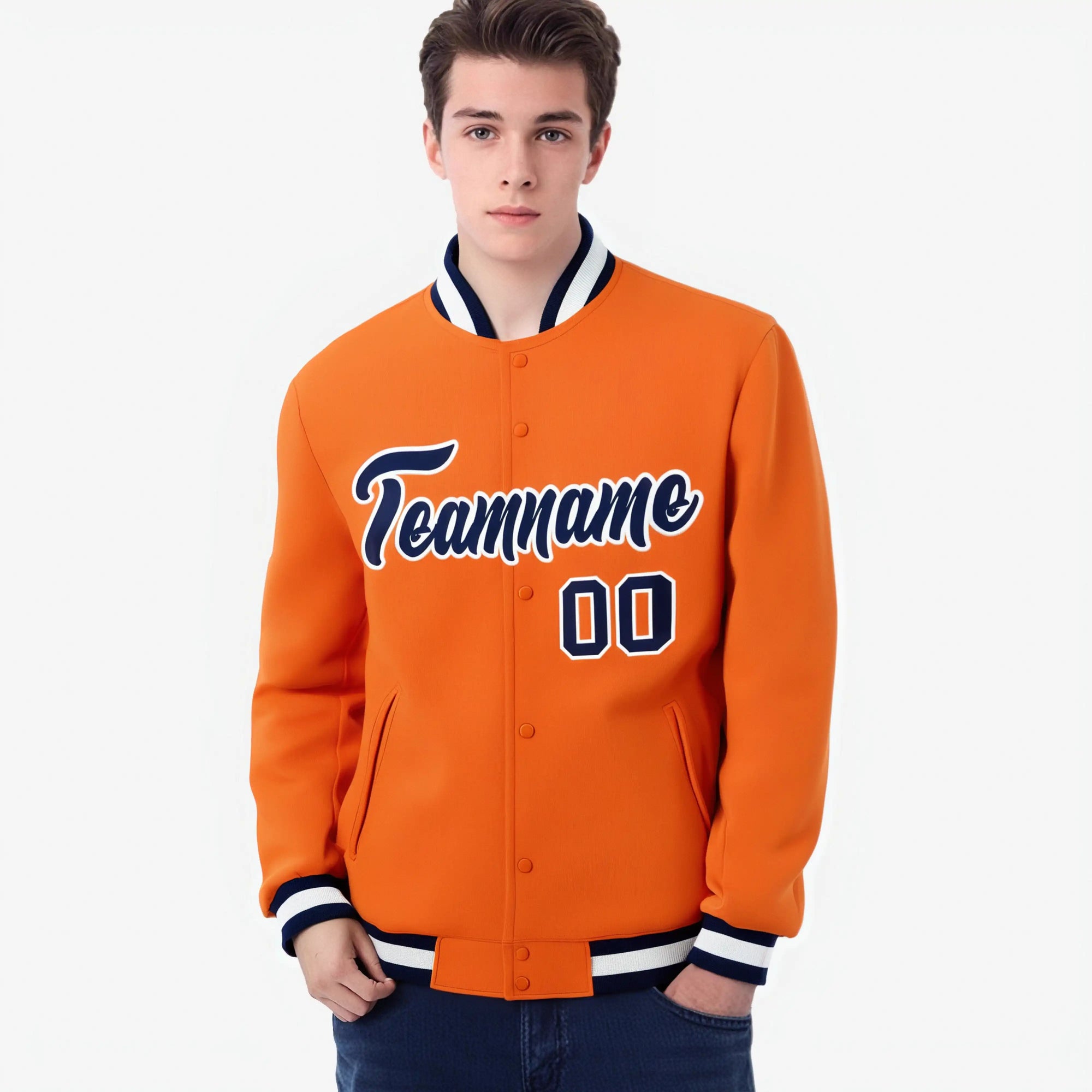 Custom Orange- Purple-White Bomber Full-Snap Varsity Letterman Jacket