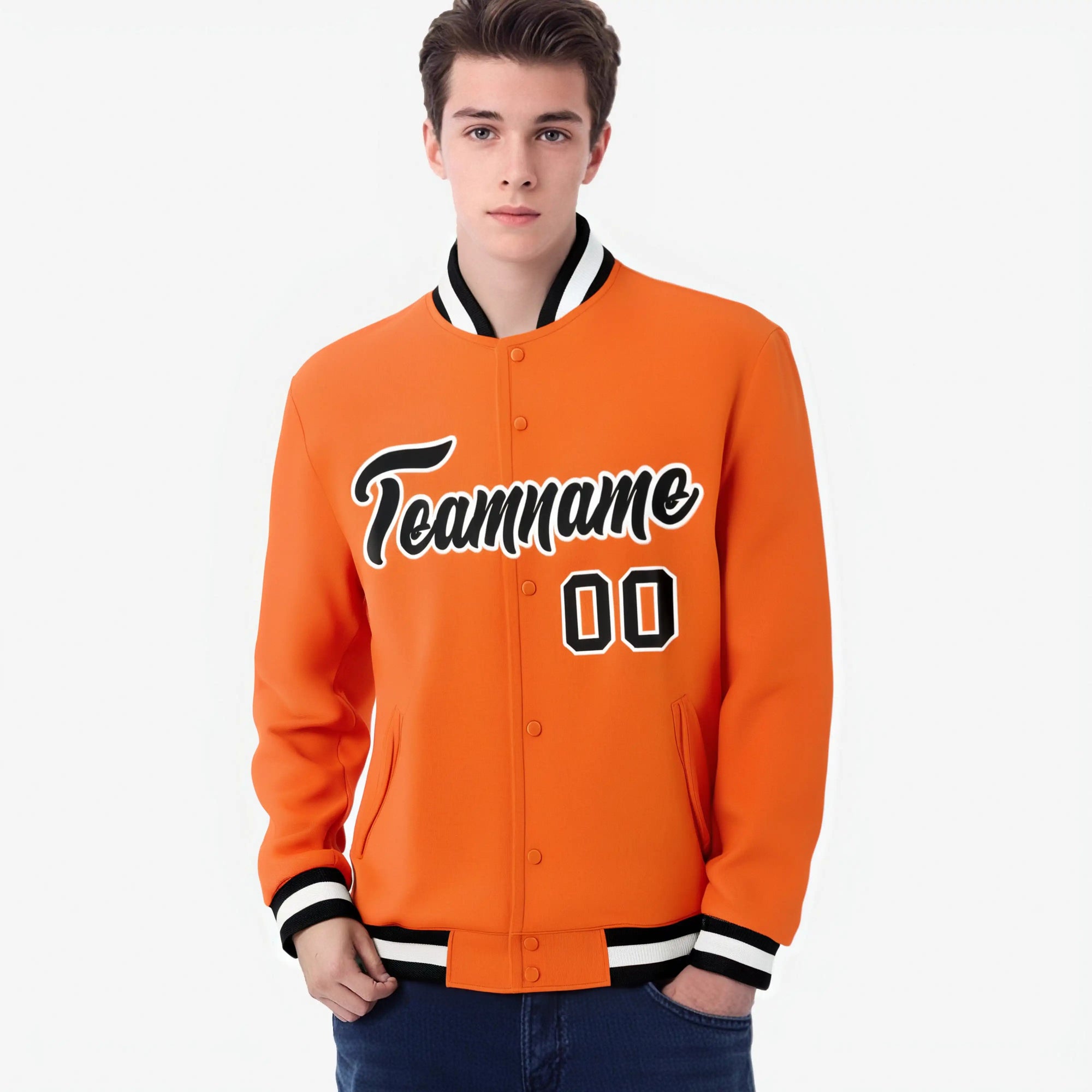 Custom Orange- Black-White Bomber Full-Snap Varsity Letterman Jacket