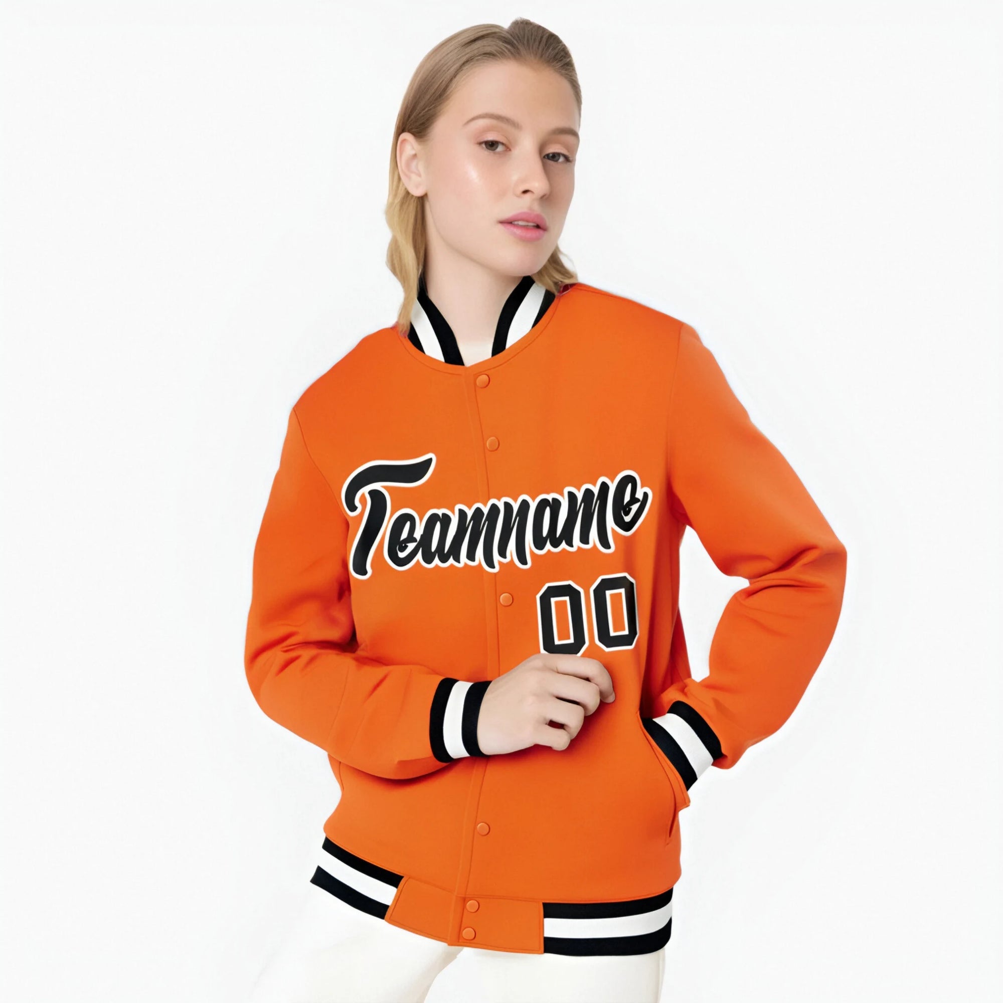 Custom Orange- Black-White Bomber Full-Snap Varsity Letterman Jacket